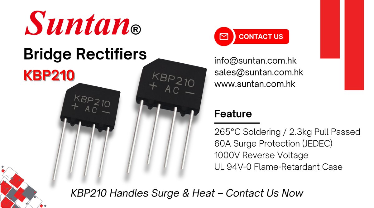 SuntanTech's tweet photo. KBP210 handles 265°C soldering, 60A surge, and 1000V reverse voltage. Compact, reliable, and built for tough conditions. Read more: https://t.co/EcIUrinQJi Contact: info@suntan.com.hk | sales@suntan.com.hk #KBP210 #BridgeRectifier #SurgeProtection #Suntan https://t.co/ZmBUS6NDNM