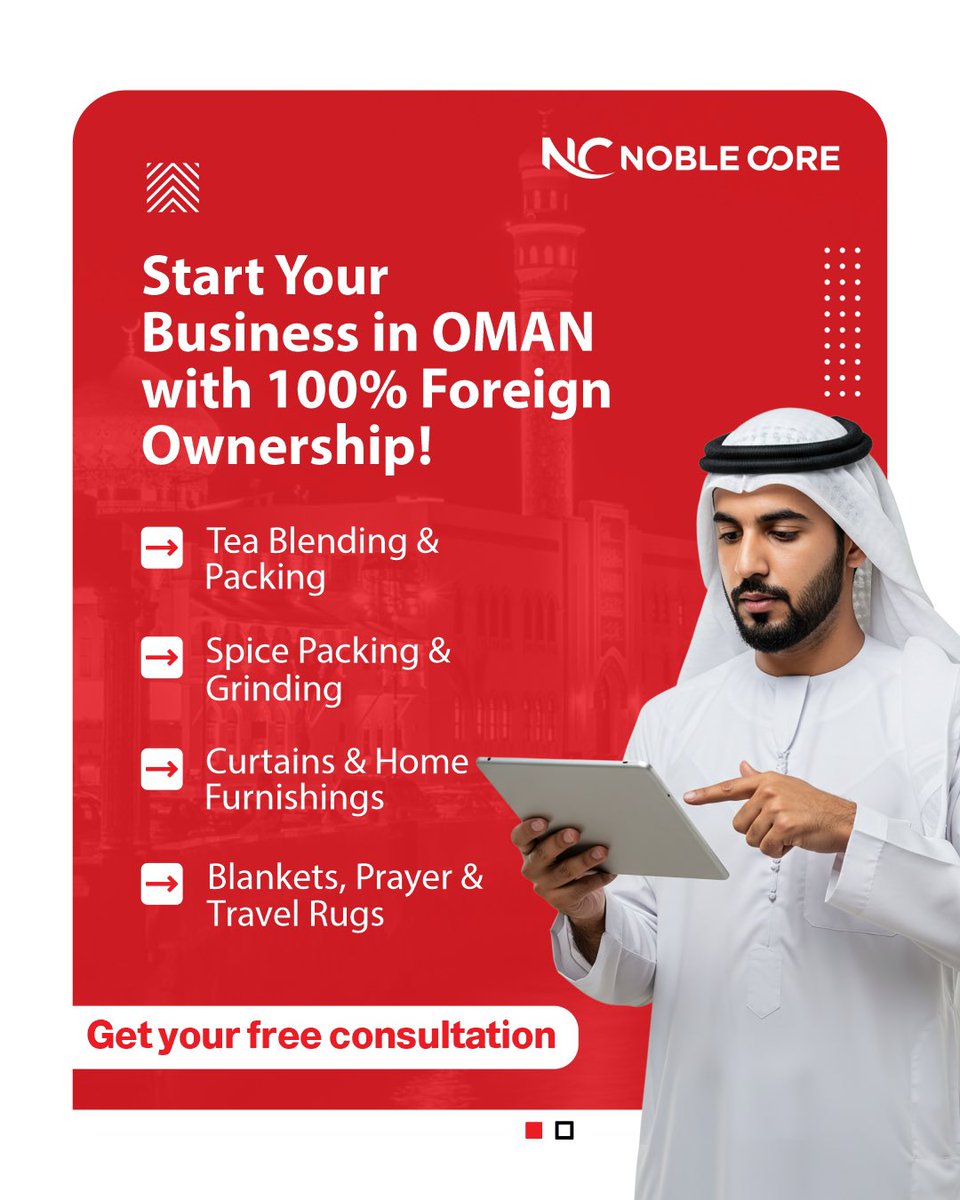 noble_core's tweet photo. Start your business in Oman with 100% foreign ownership and expert guidance. Explore profitable ventures in tea, spice, furnishings, and more.

Follow @noblecoreventures for more updates.

#omanbusiness #businesssetup #foreignownership #noblecoreventures #businessmotivation https://t.co/rSgWa8cqsw