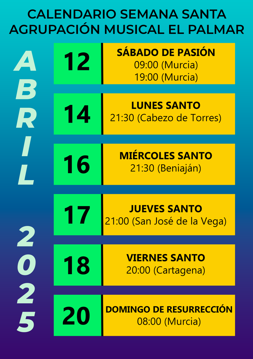 CALENDARIO 2025 DE LA ASOCIACIÓN MUSICAL EL PALMAR
<a href="/murcianico79/">Antonio Hernández ©️</a> <a href="/CESociedadesM/">CESM</a> <a href="/AytoMurcia/">Ayuntamiento de Murcia</a> <a href="/CulturaMurcia/">Cultura de Murcia</a> <a href="/enclavecultura/">EnClave Cultura</a>
