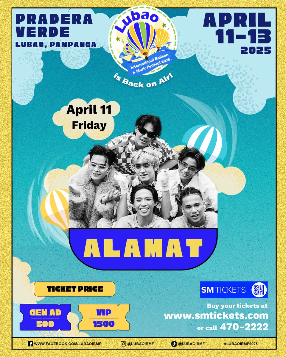 [🔔] #MAGILIW HAPPENING TODAY!

04.11.2025

Catch ALAMAT live at the Lubao International Balloon &amp; Music Festival in Lubao, Pampanga!

Tickets are still available at on-site Festival Ticketing Booths!

#LubaoIBMF2025 #ALAMAT 
#ALAMATAANGAT2025
<a href="/Official_ALAMAT/">ALAMAT ᜀᜎᜋᜆ᜔ 🇵🇭</a>