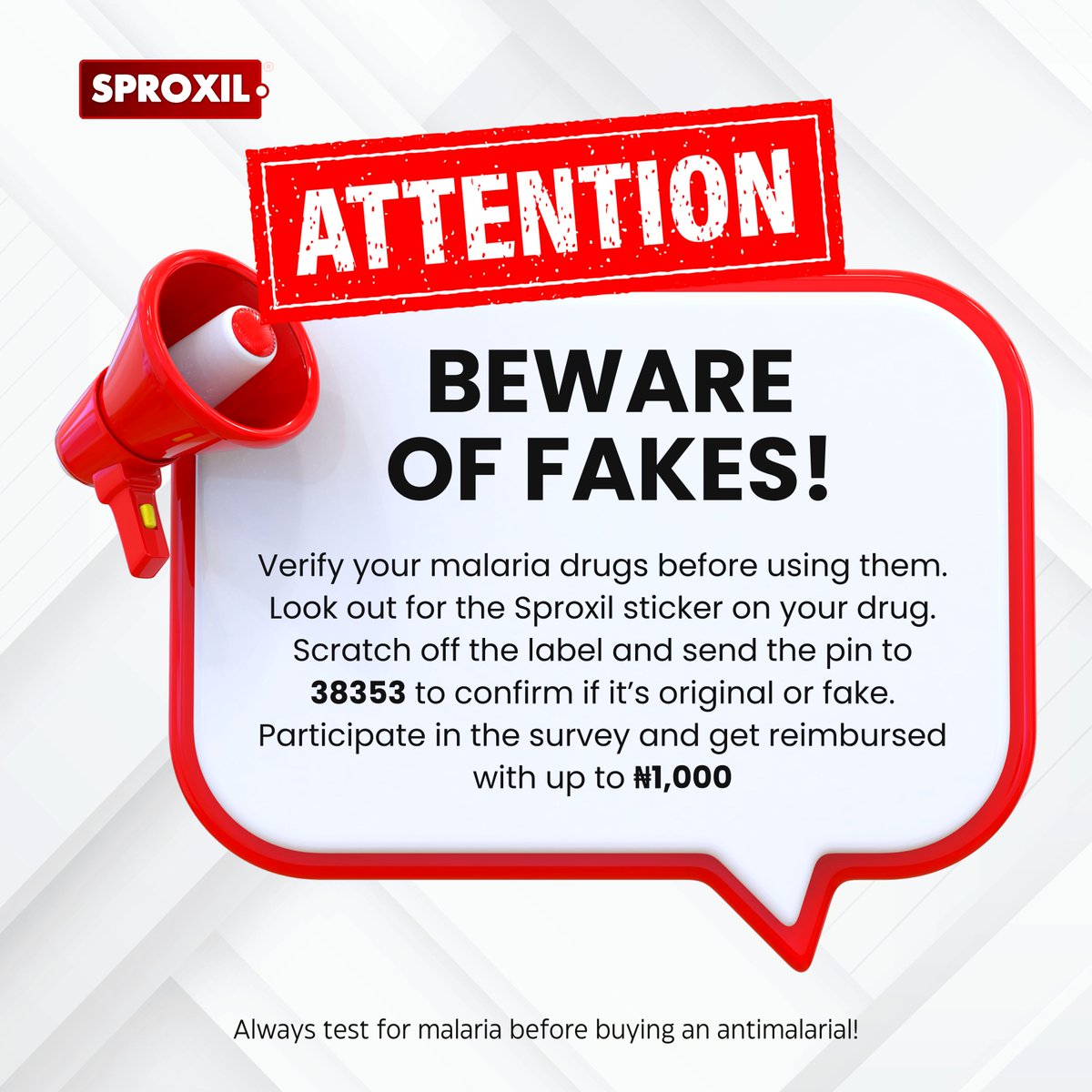 sproxil's tweet photo. Before you take that anti-malarial...๐ท
Scratch. Verify. Share your feedback.
Your voice can help improve malaria treatment across Nigeria.
๐ท Join the movement โ verify your meds and take our short survey today!
๐ท Need help? Call 0700-00-888-700
#VerifyWithSproxil #MalariaAwareness #FightFakeDrugs #PublicHealth #Nigeria
