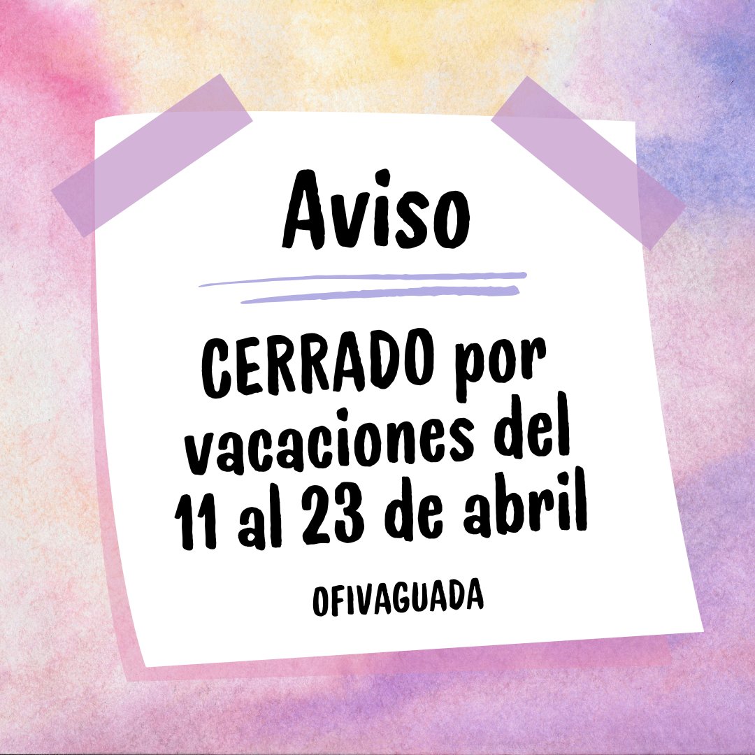 Desde OFIVAGUADA nos comunicamos con vosotros para deciros que cerramos por vacaciones desde el 11/04 hasta el 23/04
Feliz pascua a todos!!

#SEFED #EmpresasSimuladas #SLS #AdministraciónyFinanzas  #Ofivaguada #FP #Zamora #CastillayLeón #Inform  #YoSoyFp
#ErasmusFp