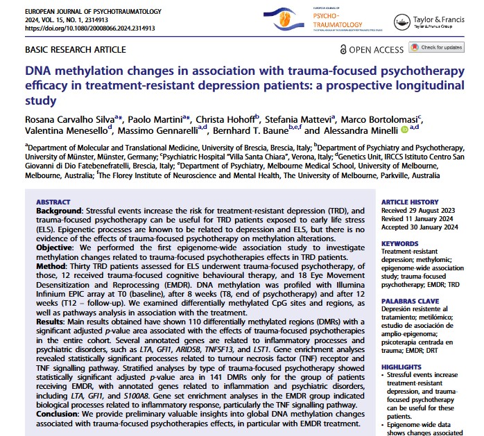 ESTSS (@estssnews) on Twitter photo “DNA methylation changes in association with trauma-focused psychotherapy efficacy in treatment-resistant depression..." doi.org/g8kxtg
Congratulations to the authors for winning the <a href="/Psychotraumatol/">Psychotraumatology</a> Best Paper Award.
We look forward to celebrating with you @ESTSS2025! “DNA methylation changes in association with trauma-focused psychotherapy efficacy in treatment-resistant depression..." doi.org/g8kxtg
Congratulations to the authors for winning the <a href="/Psychotraumatol/">Psychotraumatology</a> Best Paper Award.
We look forward to celebrating with you @ESTSS2025!
