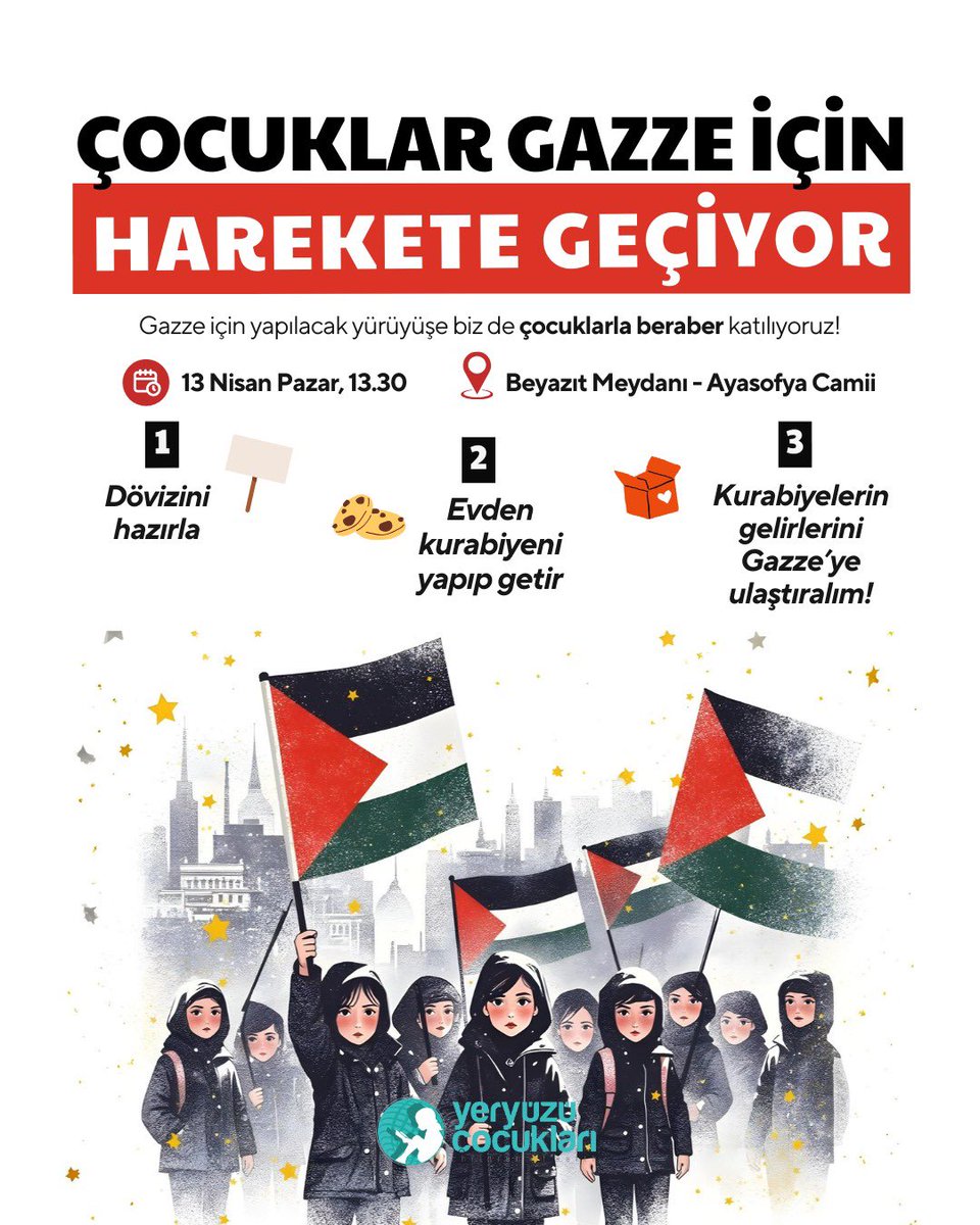 Türkiye’deki minikler, Filistinli yaşıtlarına destek olmak için göreve davetlidir!
Pazar günü hep birlikte Beyazıt Meydanı’nda buluşuyoruz. 🇵🇸