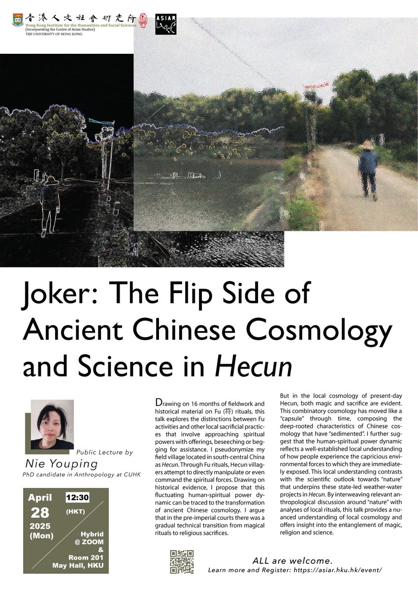 Join our upcoming talk to explore the dynamics of human-spiritual power and the transformation of ancient Chinese cosmology in the context of state-led weather water projects in contemporary rural China.

Learn More and Register🎟️: asiar.hku.hk/event/2025apri…