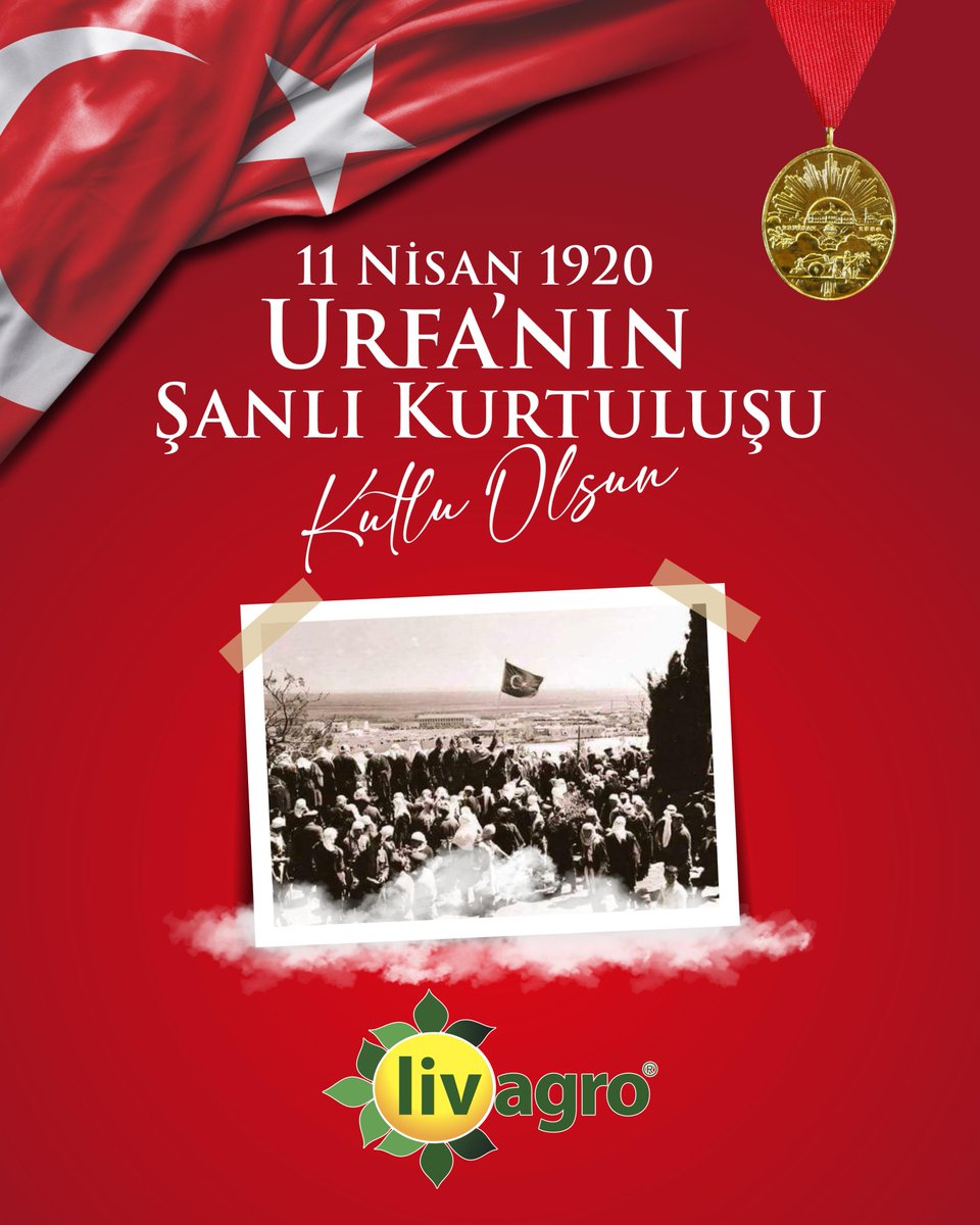 livagro_'s tweet photo. 11 Nisan Şanlıurfa'nın Kurtuluşu Kutlu Olsun🇹🇷

Bugün, Şanlıurfa'nın bağımsızlık mücadelesinin simgesi, kahramanlıkla yoğrulmuş tarihimizin bir parçasıdır. Şanlıurfa'nın kurtuluşunun 105. yılında, başta şehitlerimiz olmak üzere, tüm kahramanlarımıza minnettarız.

#11Nisan https://t.co/C860NvuMcX
