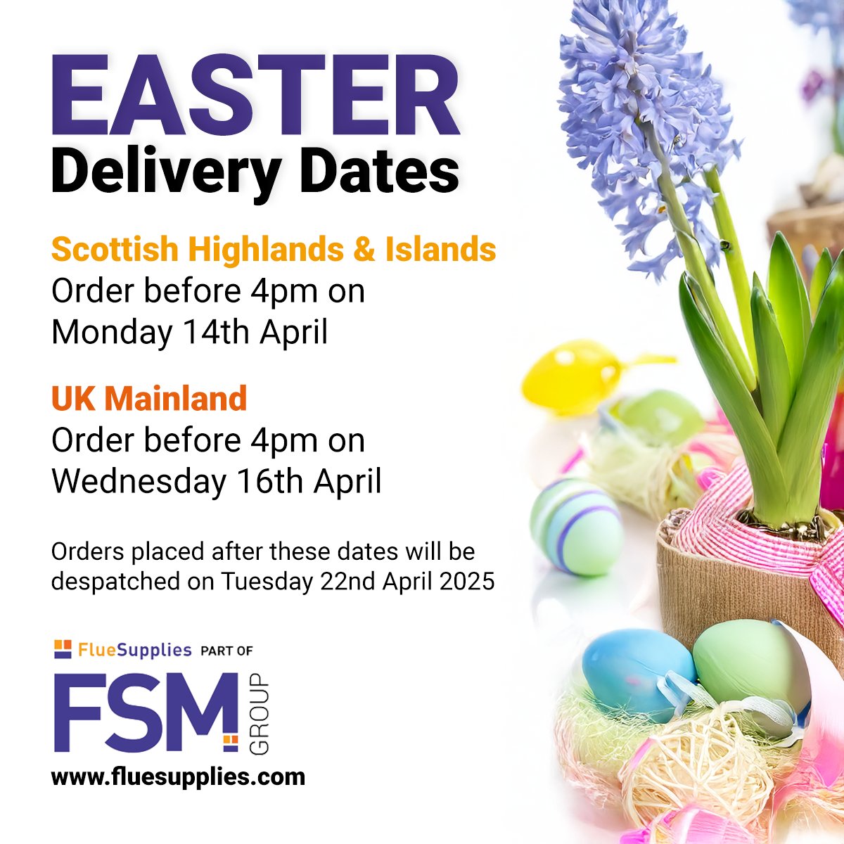 🐰 As our offices will be closing from Good Friday to Easter Monday, please see the last order dates to get delivery before Easter! Order online at fluesupplies.com or call our team on 0344 800 6586 during usual office hours ☎️ #FlueSupplies #EasterDeliveryDates #Ultraflex