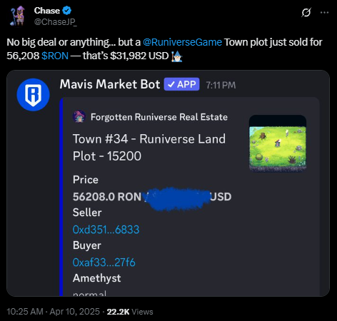 RoninFeed's tweet photo. JUST IN: a @RuniverseGame Town sold for 56,000 $RON, approximately $31,000 USD. https://t.co/MVVCXR8Sqn