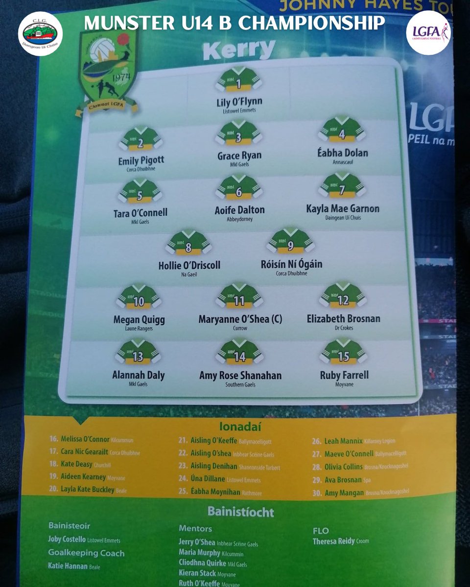 🏆 CHAMPIONS 🏆 

Huge congratulations to our very own Kayla Mae Garnon, the west Kerry contingent, and the entire U14 B Kerry LGFA team and management who’ve become the 2025 Munster 14 B Champions after last night’s game win over Clare in the Johnny Hayes Tournament. 

Bród 💚💛