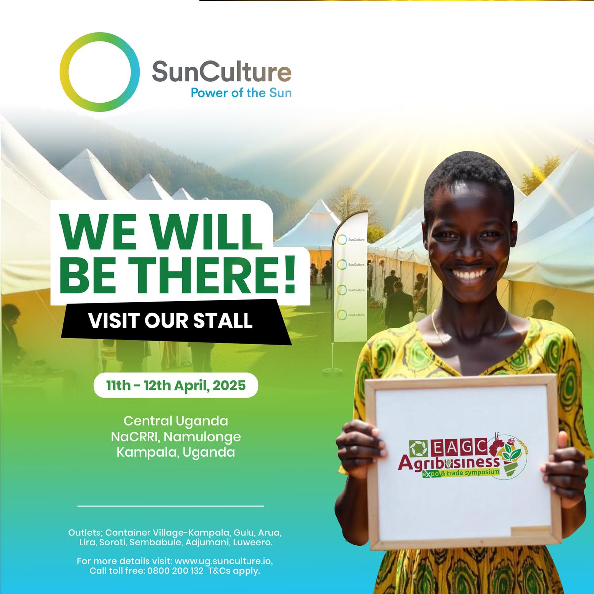 Suncultureug's tweet photo. SunCulture Uganda is excited to be part of the #EAGC #Agribusiness #Expo & #Trade #Symposium!
๐ Catch us at NaCRRI, Namulonge โ Central Uganda from today to 12th April 2025
Visit our stall and explore how our solar-powered irrigation solutions are helping farmers grow more with less โ sustainably.
Letโs connect, learn, and power up agribusiness together!
#SunCultureUg #PowerOfTheSun #AgribusinessExpo2025 #SmartFarming #SolarForFarms