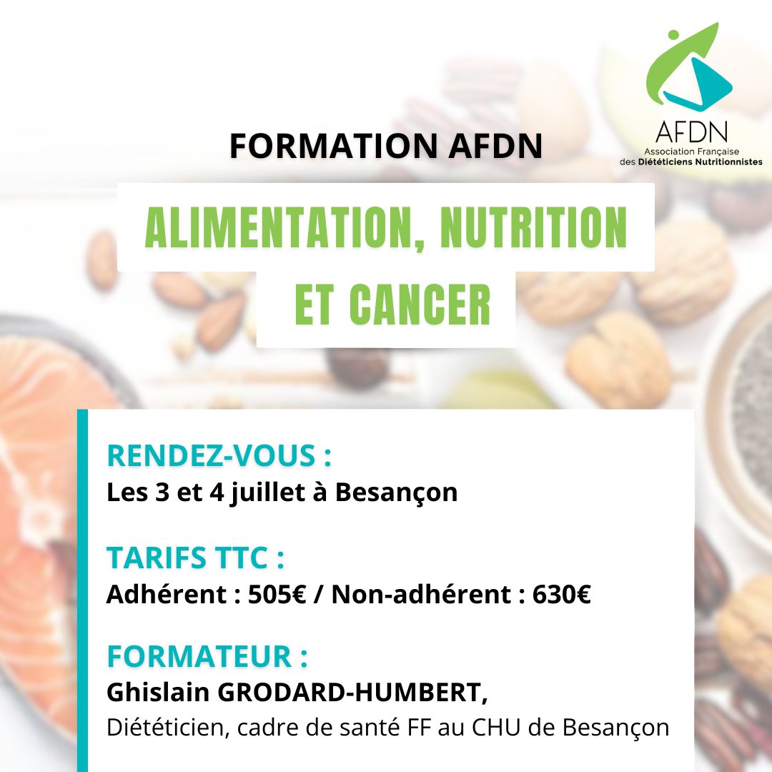 📣𝐅𝐨𝐫𝐦𝐚𝐭𝐢𝐨𝐧𝐬 - Alimentation, nutrition et cancer

🔹 Dates : 3 et 4 juillet
🔹 Lieu : à Besançon
🔹 Formatrice : Ghislain GRODARD-HUMBERT
S'inscrire : afdn.org/civicrm-event/…

#AFDN #Diététiciens #Formation #Qualiopi #Nutrition #cancer