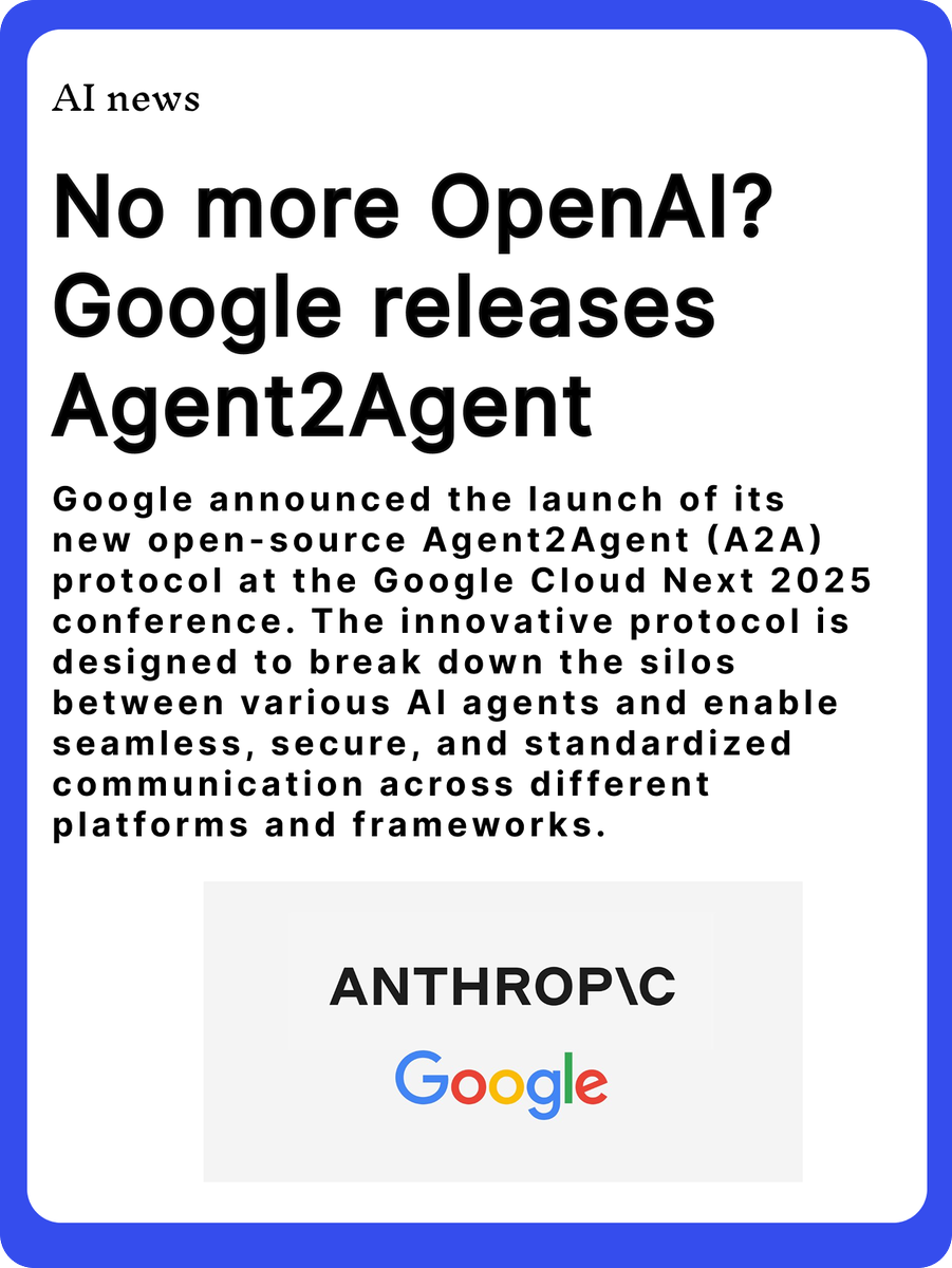 Friendo_AI's tweet photo. 🚨AI News:
No more OpenAI? Google releases Agent2Agent
Google announced the launch of its new open-source Agent2Agent protocol at the Google Cloud Next 2025 conference,but OpenAI do not in it.#openai #Google #googleA2A #googleai #AIbeauty #AI #A2A @GoogleAI @OpenAI #techies https://t.co/2wowYWqbes