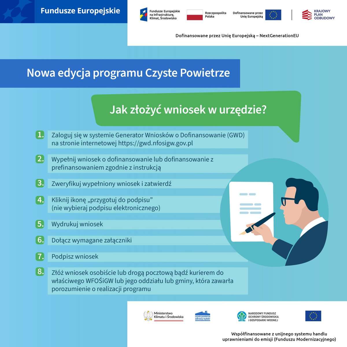 Program #CzystePowietrze umożliwia złożenie wniosku także w urzędzie - krok po kroku pokazujemy, jak to zrobić poprawnie. 

❗️Pamiętaj: poprawne złożenie wniosku to pierwszy krok do otrzymania dofinansowania.

Szczegóły 👉 tiny.pl/d5mvc