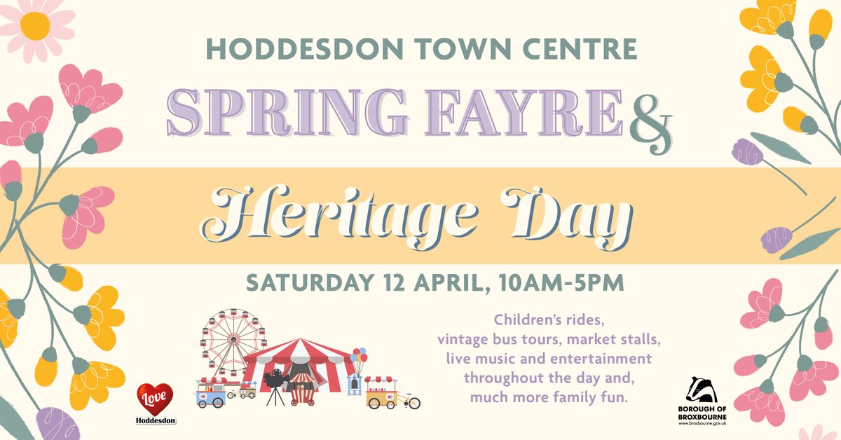 BroxbourneBC's tweet photo. Join us in Hoddesdon tomorrow for the Spring Fayre and Heritage Day 🎪💮

Fun for the whole family including children's rides, market stalls, live music and more 🎶

📅 Saturday 12 April from 10am to 5pm
📌 Hoddesdon Town Centre https://t.co/kW22hb7ktr