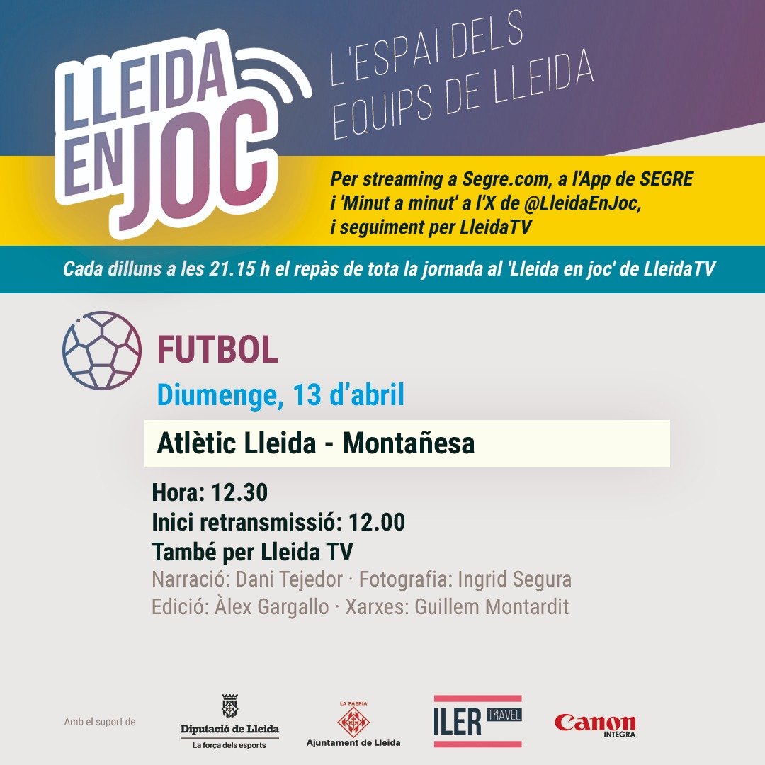 💥 TRIPLE ració de FUTBOL a #LleidaEnJoc⚽️

📆Dissabte, 16h: La <a href="/SEAEM_1925/">Secció Esportiva AEM</a> visita a l'@FundaAlbaFem!
#AlbaceteAEM

📆Diumenge, 12:30h: L'<a href="/atletic_lleida/">Atlètic Lleida</a> rep a la <a href="/Montanyesa1927/">CF Montañesa</a>!
#AtlèticLleidaMontañesa

📆Diumenge, 18h: El <a href="/LleidaCF/">Lleida CF</a> rep al <a href="/Academia_VCF/">Academia VCF 🦇</a>!
#LleidaValènciaMestalla