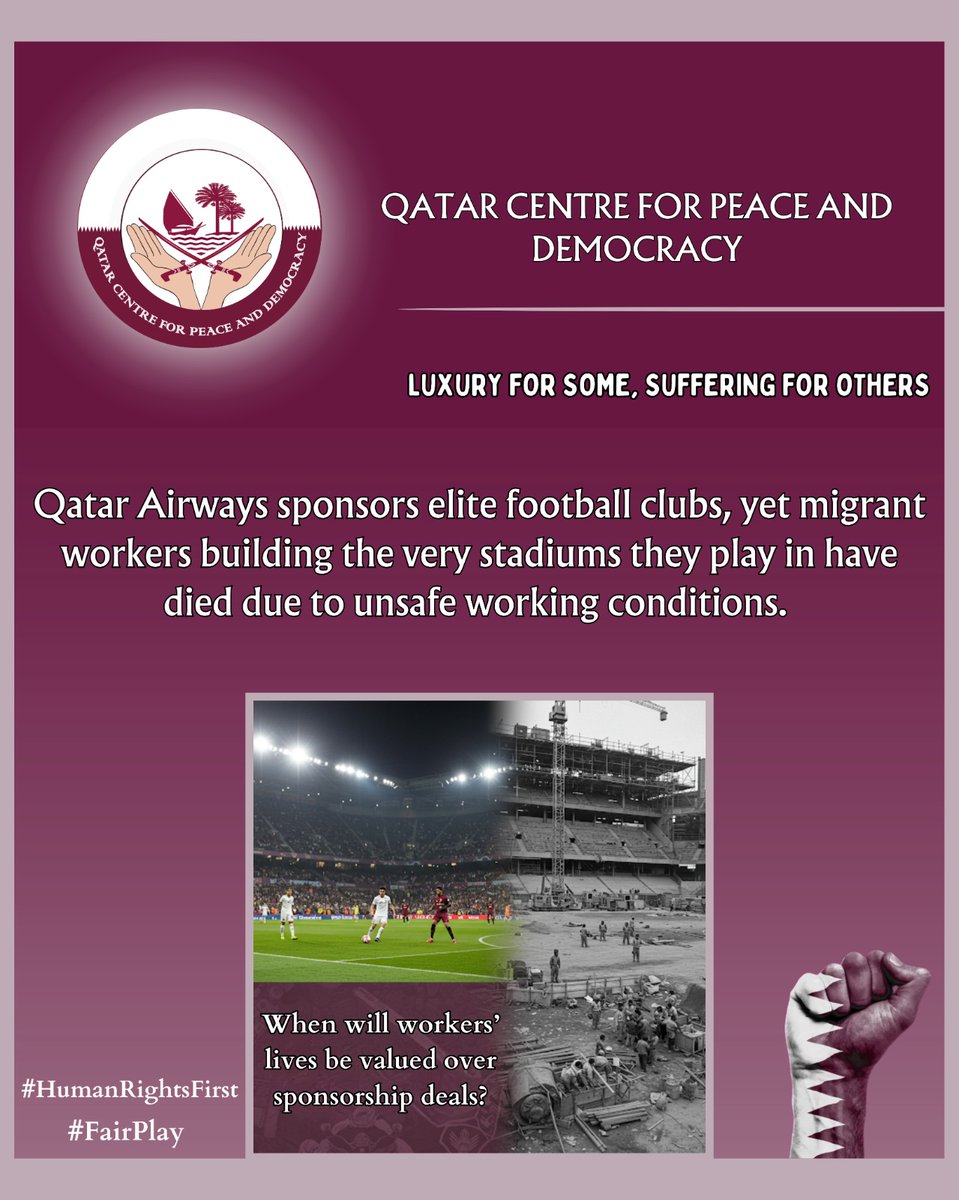 QCPD_org's tweet image. Luxury on the pitch, tragedy behind the scenes—migrant lives must matter more than sponsorship deals. #HumanRightsFirst #FairPlay