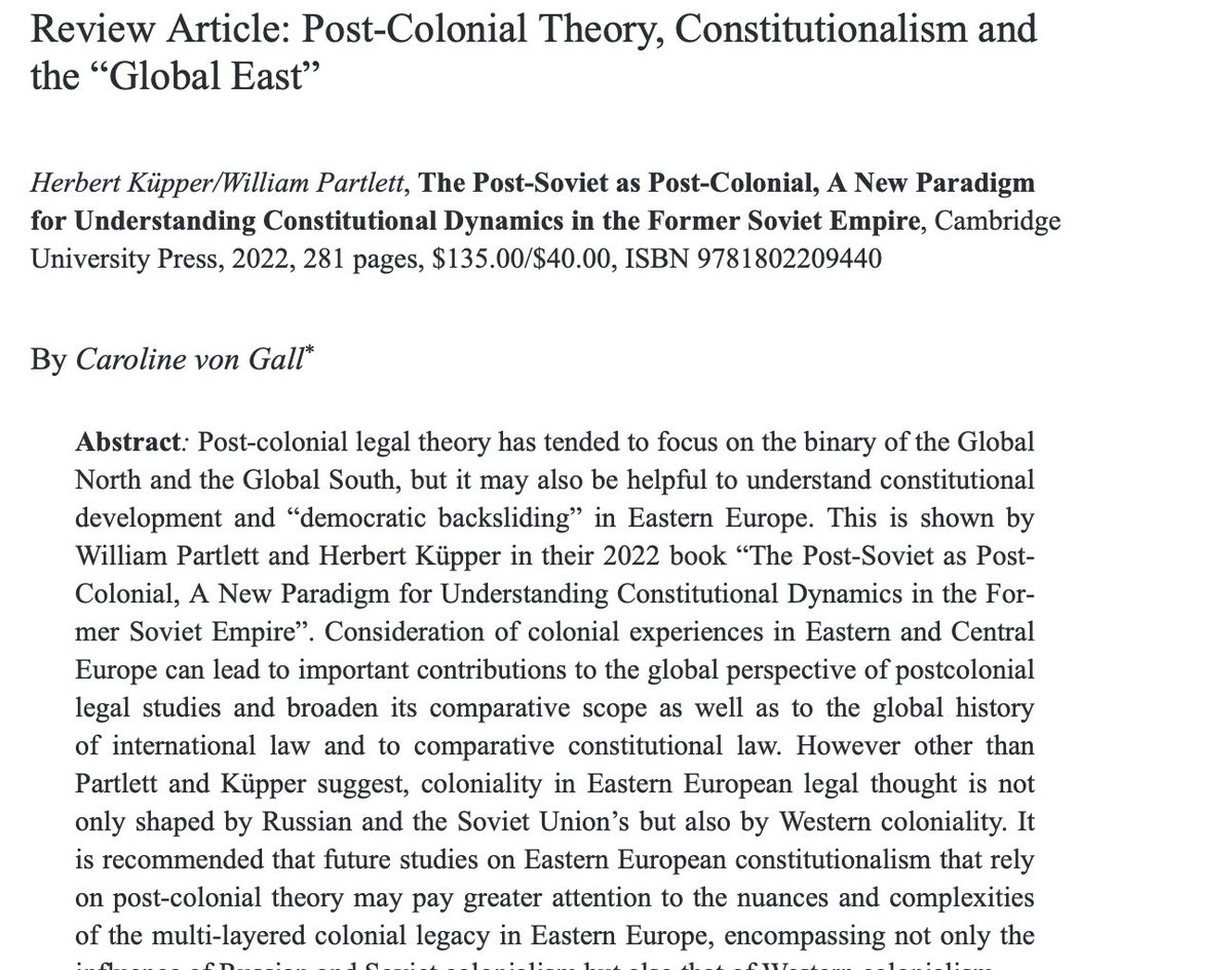 Caroline von Gall (@carolinevgall) on Twitter photo H. Küpper & <a href="/WPartlett/">William Partlett</a> made the excellent proposal to explain constitutional backlash in Eastern Europe by Soviet/ Russian imperialism.
I argue that the crisis of European constitutionalism is also shaped by German/Western coloniality in EE
<a href="/WCL_VRU/">World Comparative Law / VRUe</a> H. Küpper & <a href="/WPartlett/">William Partlett</a> made the excellent proposal to explain constitutional backlash in Eastern Europe by Soviet/ Russian imperialism.
I argue that the crisis of European constitutionalism is also shaped by German/Western coloniality in EE
<a href="/WCL_VRU/">World Comparative Law / VRUe</a>