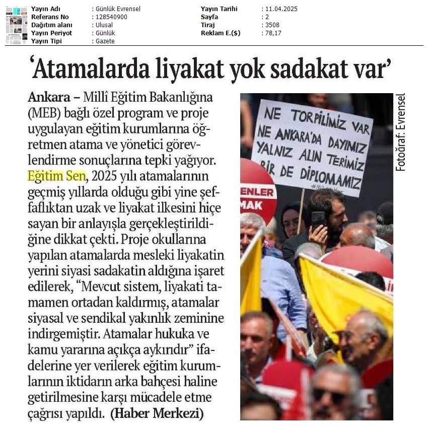 egitimsen's tweet photo. Proje okullarındaki atamalara tepki gösteren Eğitim Sen, bu okullarda öğretmen ve yönetici atamalarının uzun süredir siyasi sadakate göre yapıldığını belirtti.
#TorpilDeğilLiyakat
https://t.co/K34RQGIUGt https://t.co/riK4mPWgPA