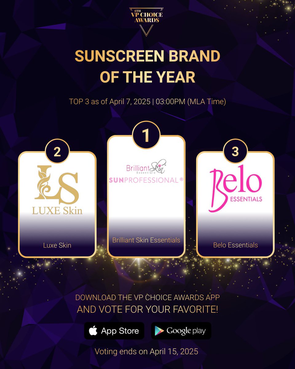 vpchoiceawards's tweet photo. #6thVPChoiceAwards Top 3 Voting Update by @choicelyapp via the VPCA App as of April 7, 2025, 3:00 PM
π₯ βΆοΈ @brilliantskinph #BrilliantSkin
π₯ βΆοΈ @LUXESKINMAIN #LuxeSkin
π₯ βΆοΈ @belobeauty #BeloEssentials
π³ #6thVPCAVoteNow and get 30% MORE VOTES with the ongoing Power Friday: Vote Boost β TODAY ONLY, April 11, 2025!
π² Download the VPCA App or vote here: https://t.co/EfudY1d4Ee
π
Voting ends on April 15, 2025 β make every vote count!
#VPChoiceAwards #ChoicelyApp #VillagePipol
