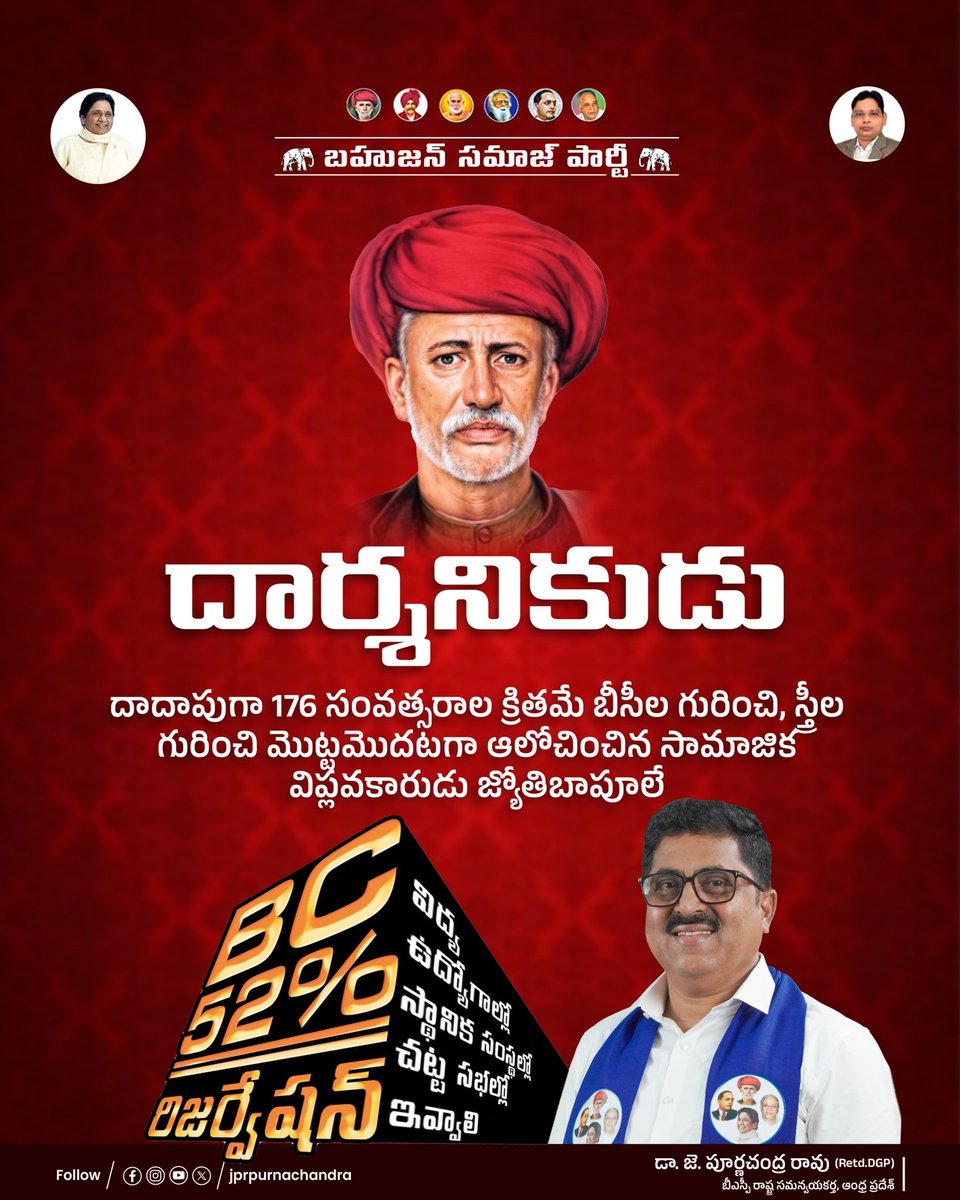 JPRpurnachandra's tweet photo. మహిళా సాధికారత కొరకు, బడుగు బలహీన వర్గాల హక్కుల కొరకు కృషిచేసిన మహనీయుడు జ్యోతిబాపూలే గారికి ఘనమైన నివాళి.
#Phule
#Warrior
#SocialJustice
#WomenEmpowerment
#BSP4AP https://t.co/GIo0BxovEs