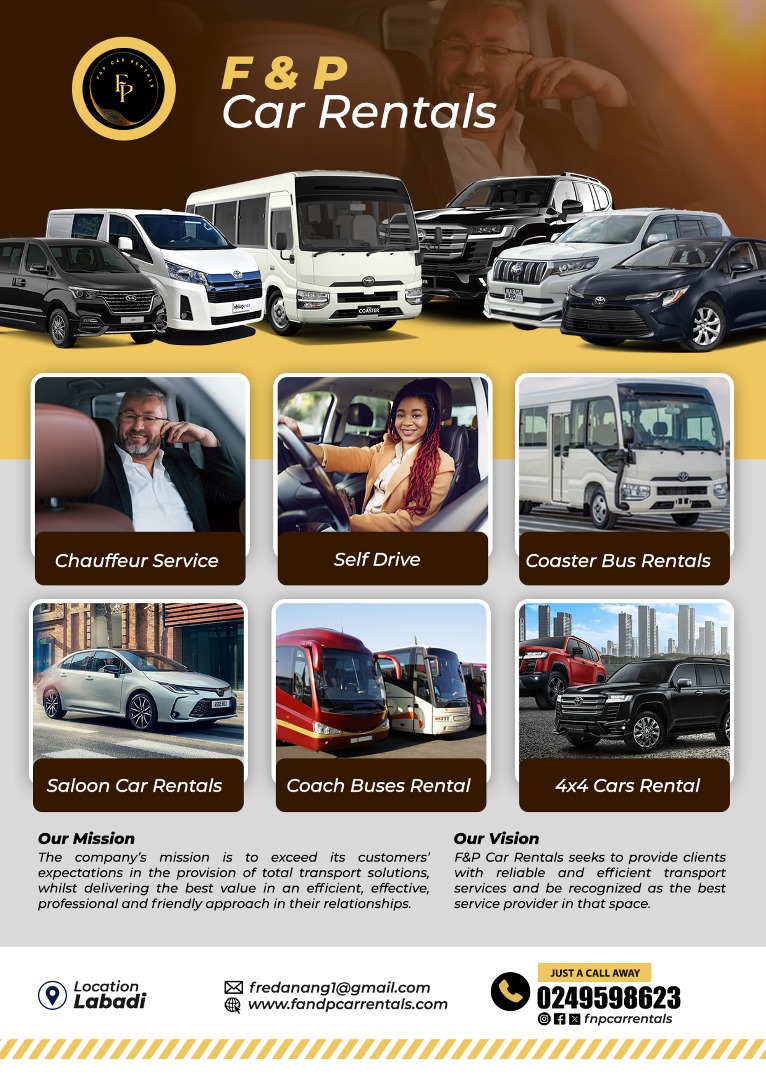 fredanang1's tweet photo. F&amp;P Car Rental has got you covered! From sleek sedans to spacious SUVs, we offer reliable cars at unbeatable rates. Book with us and experience top-notch service every mile of the way. 
https://t.co/fr9ULzxuMZ 

#CarRental #TravelInStyle #F&amp;PCarRent #carrental #accra #ghana #fyi https://t.co/luF53O9zvh