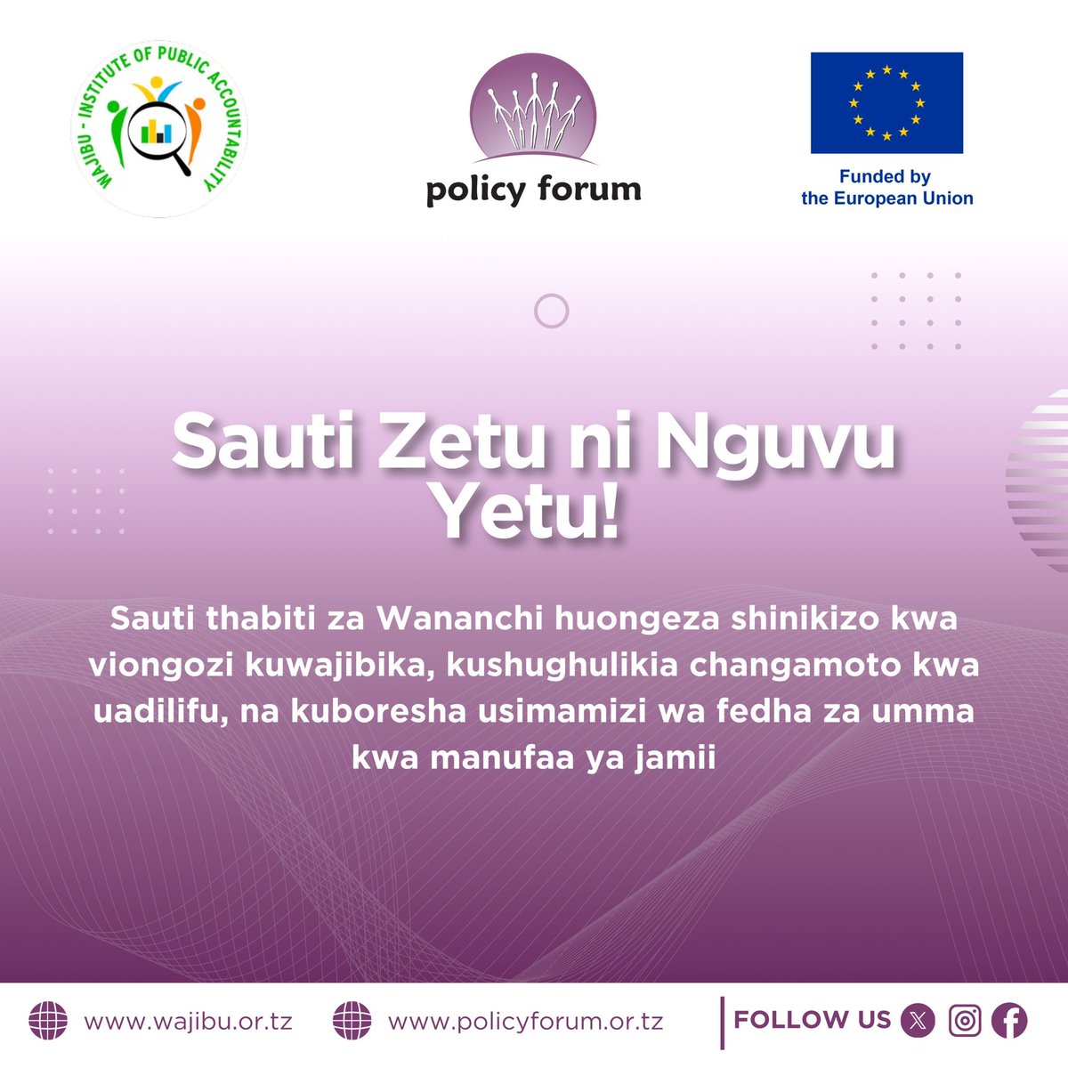 policy_F's tweet image. Matumizi mabaya ya rasilimali za umma yana athiri upatikanaji wa huduma bora za kijamii. Tukuchue hatua pamoja!
#GoodGovernanceTZ #SocialAccountabilityTZ