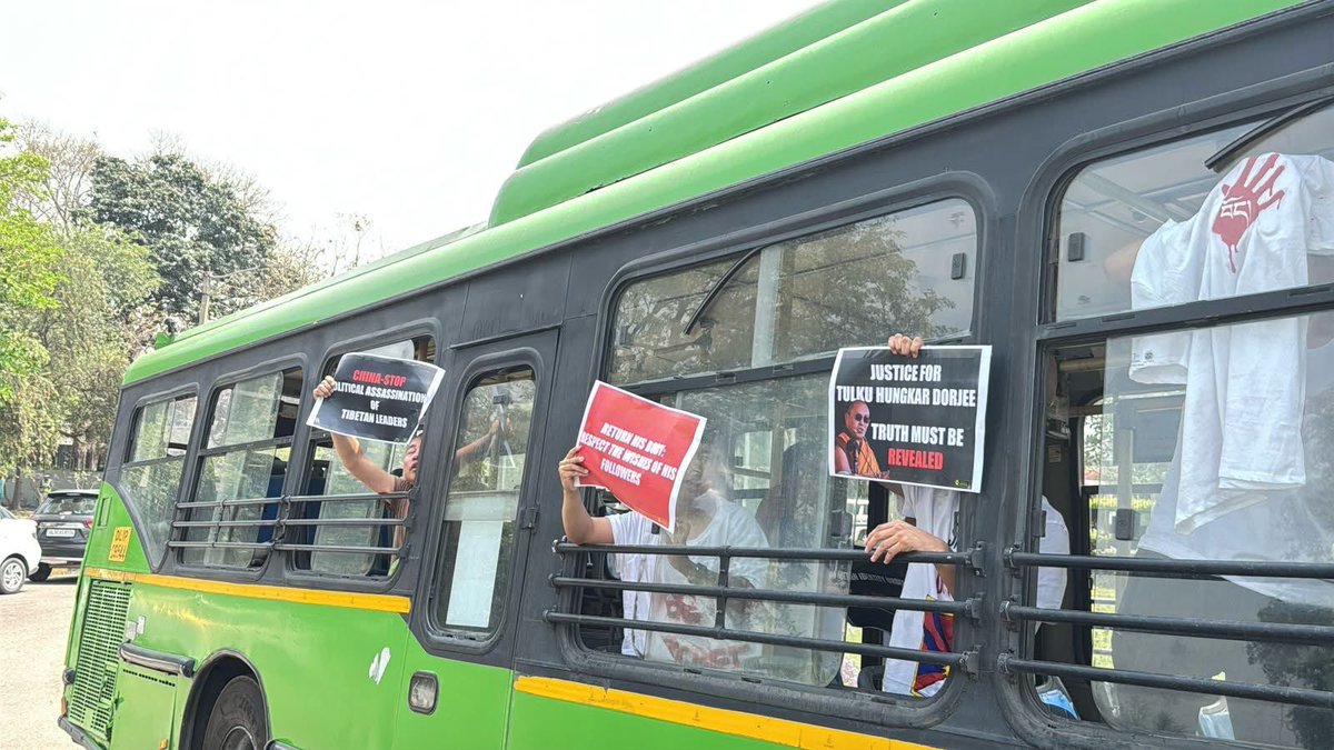 Members of Tibetan Youth Congress held a protest in front of the Chinese Embassy in New Delhi, India on April 11, 2025. The demonstrators called for an investigation into the death of Hungkar Dorje Rinpoche under Chinese custody in Vietnam.