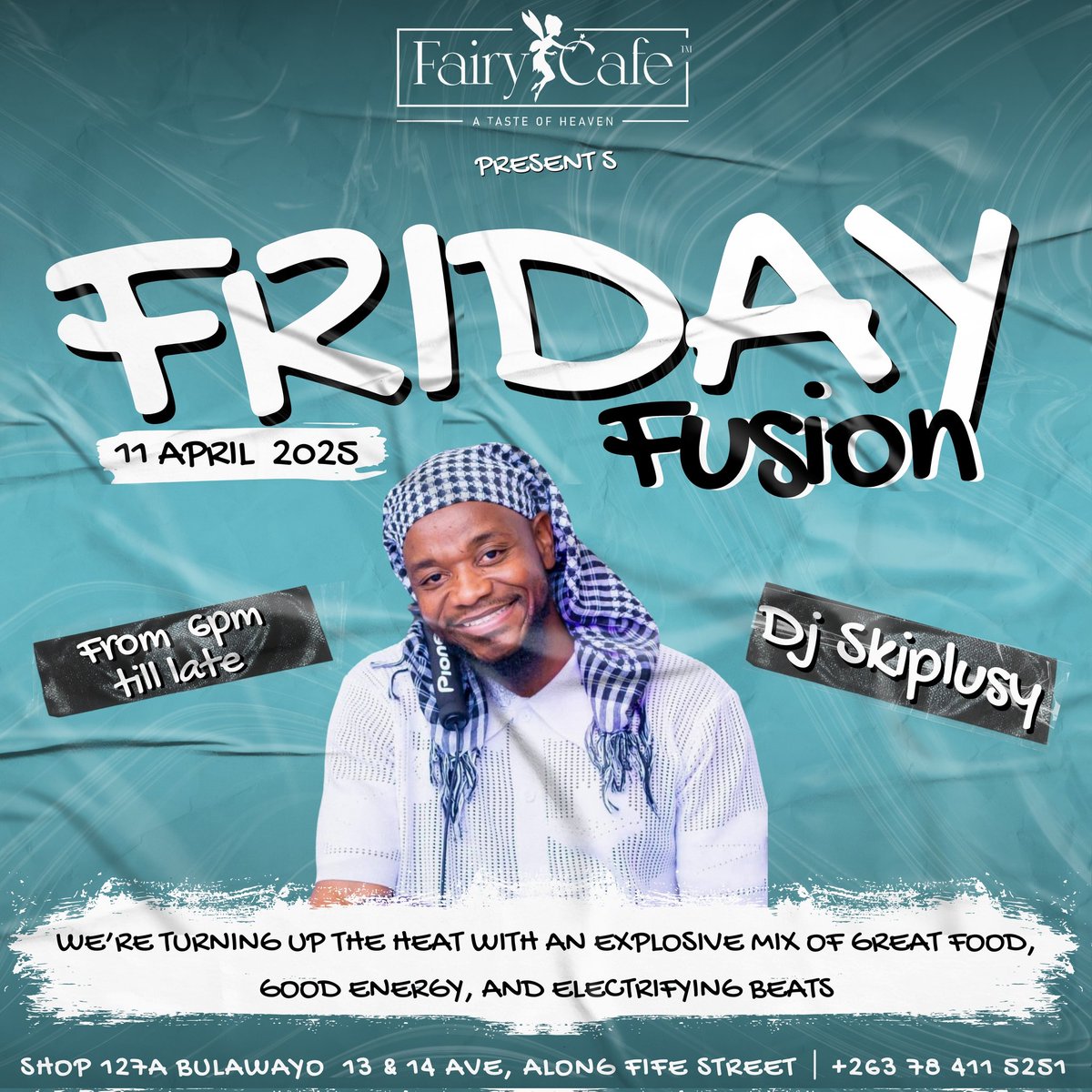 FRIDAY FUSION VIBES

This Friday, <a href="/fairycafezw/">Fairy Café</a> brings the perfect recipe to kickstart your weekend:

<a href="/skiplusy/">skiplusyDJ</a> is live on deck, the drinks are cold, and the energy is on max.
It’s not just Friday—it’s FRIDAY FUSION. Let’s make it legendary.

Flyer Designed by yours truly 😊