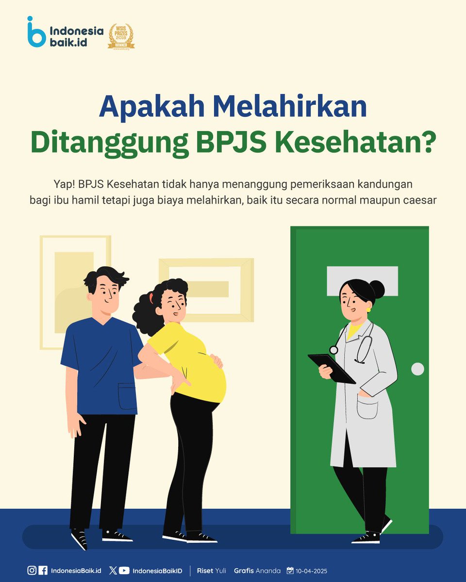 IndonesiaBaikId's tweet photo. Informasi penting nih untuk para Ibu hamilโผ๏ธ
Selain menanggung biaya pemeriksaan kandungan selama masa kehamilan, @BPJSKesehatanRI ternyata juga menanggung biaya #Persalinan, lho
Yuk, simak informasinya ๐
#IndonesiaBaik #BPJSKesehatan #LayananBPJS #Melahirkan #KomdigiNewsroom https://t.co/QxxgV1jSo8
