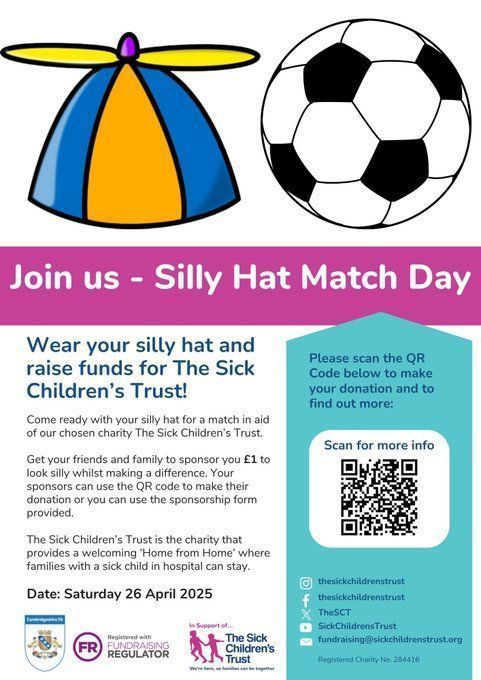 Cambridgeshire FA (@cambsfa) on Twitter photo 𝙎𝙄𝙇𝙇𝙔 𝙃𝘼𝙏 𝙈𝘼𝙏𝘾𝙃 𝘿𝘼𝙔 🎩
Join us for a <a href="/TheSCT/">The Sick Children's Trust</a> fundraising event on 26th April! 📆
We encourage you to get your teams, players, coaches and parents involved and bring a donation of £1 to go to this great cause. 🙌
➡️ cambridgeshirefa.com/news/2025/apr/… 𝙎𝙄𝙇𝙇𝙔 𝙃𝘼𝙏 𝙈𝘼𝙏𝘾𝙃 𝘿𝘼𝙔 🎩
Join us for a <a href="/TheSCT/">The Sick Children's Trust</a> fundraising event on 26th April! 📆
We encourage you to get your teams, players, coaches and parents involved and bring a donation of £1 to go to this great cause. 🙌
➡️ cambridgeshirefa.com/news/2025/apr/…