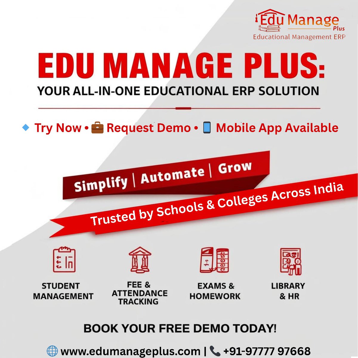 AionInnotech's tweet photo. 🎓 Edu Manage Plus – Your All-in-One #EducationalERP!
✅ Student Mgmt | Fee &amp; Attendance
✅ Exams, Library &amp; HR Tools
📱 Mobile App | ☁ Cloud-Based Access
🎯 Book your FREE demo today!
👉 https://t.co/7rFzVJSTC3 | 📞 +91-97777 97668
#SchoolERP #EdTechIndia #SmartEducation #ERP https://t.co/JuzbPwAC7K
