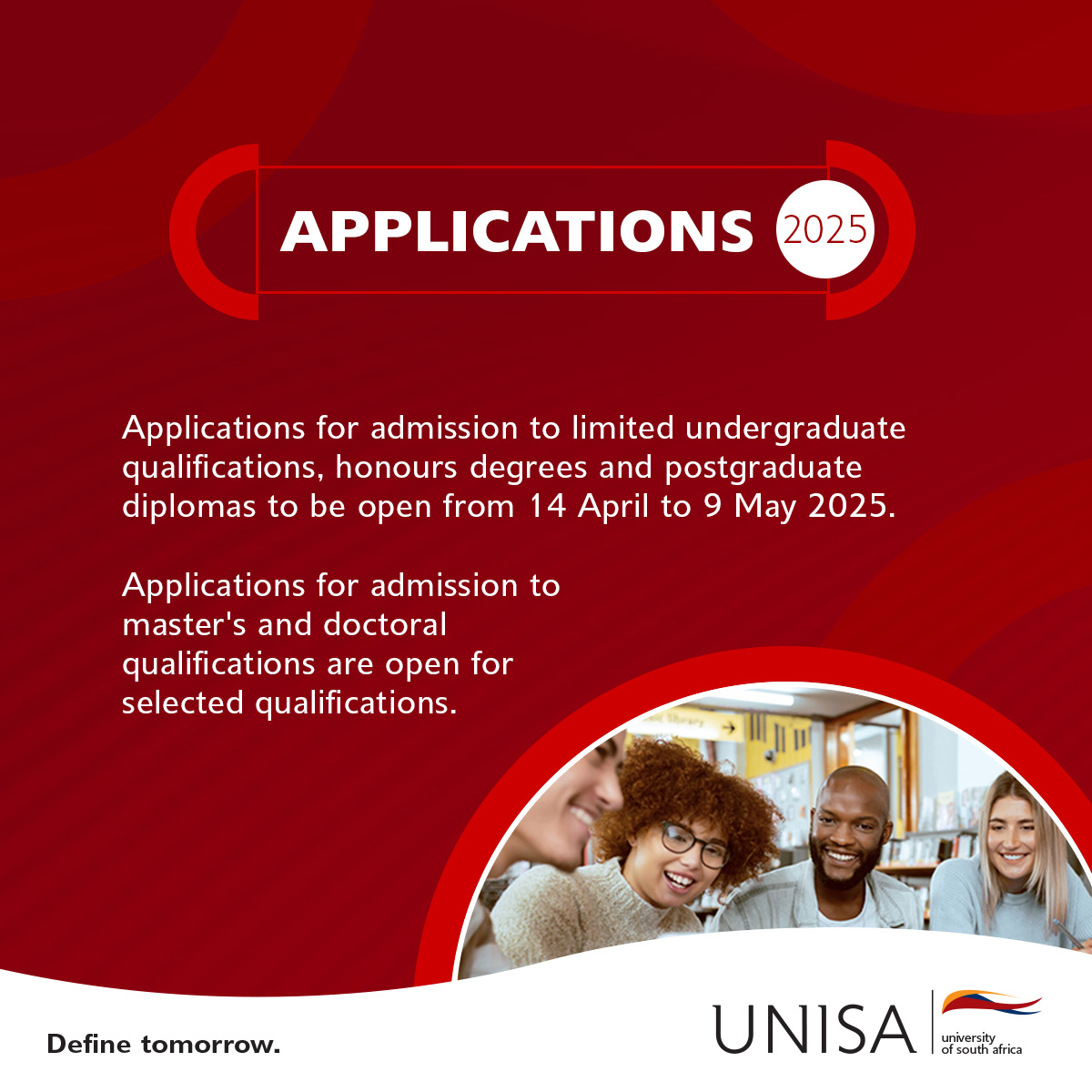 unisa's tweet photo. Semester 2 applications will open on Monday 14 April 2025 for limited undergraduate qualifications, honours degrees and postgraduate diplomas. Applications will close on 9 May 2025.

Applications for admission to master's and doctoral qualifications are still open for selected qualifications.

#Unisa150andBeyond
