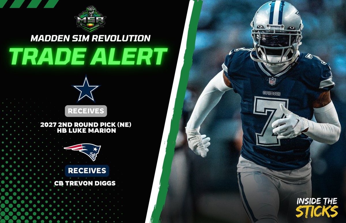 Trade Alert 🚨: New England

<a href="/Red_Witness23/">RedWitness23</a> has gotten to work on bringing in immediate upgrades to his Patriots roster with two deals to start the offseason

<a href="/MSR_HANKY2/">HANKY</a> sends WR A.J. Brown
<a href="/_xxklvtch/">MSR Cowboys</a> sends CB Trevon Diggs

Activity in Foxborough

#MSR57 | <a href="/MSRLeague/">The Revolution is NOW!</a> | #Madden25