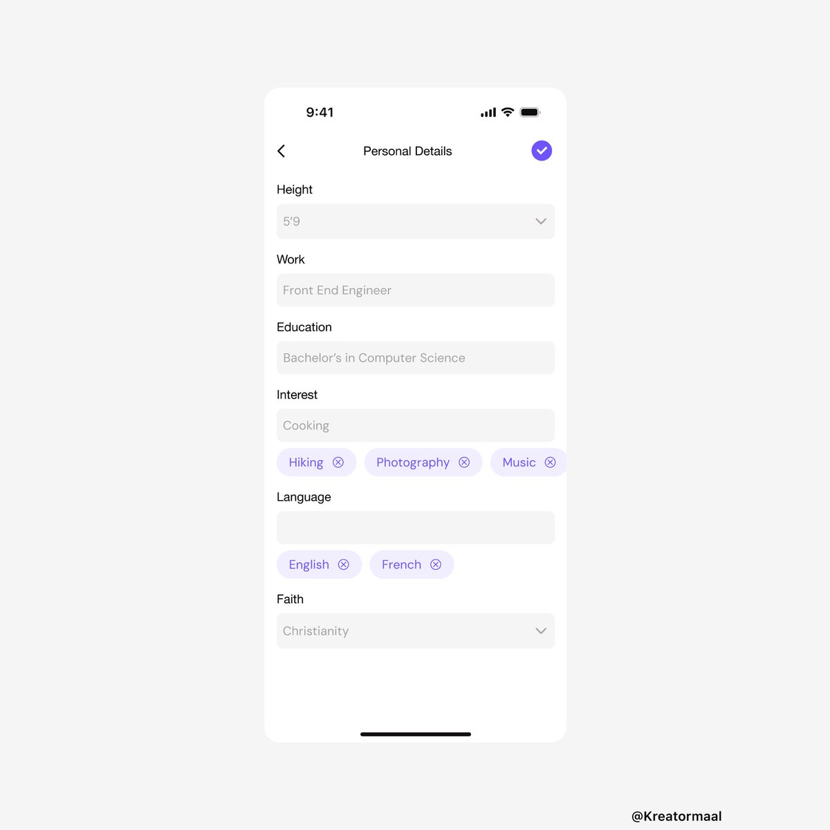 kreatormaal's tweet photo. Profiles aren't just bio pages-they're the center of clarity, control, and connection.
Heartly's profile screen brings it all together: personal info, dating prefs, bookmarks, privacy
#UIUX #UDesign #MobileApp #DatingApp #ProductDesign #HeartlyApp #BuildinPublic
-End of series https://t.co/gfVAi9sfDt
