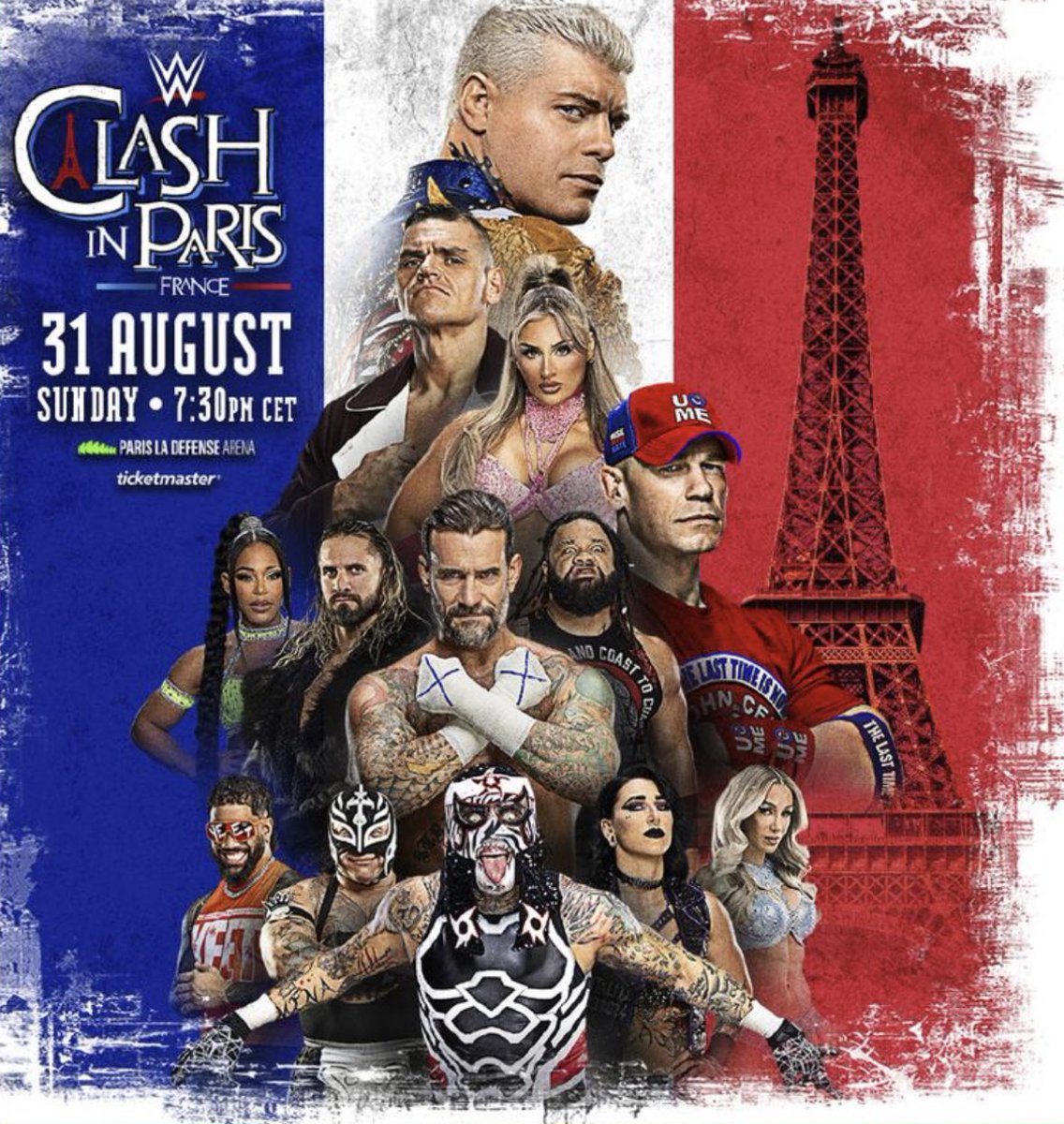 🇫🇷 Premier poster pour WWE Clash In Paris

🚨 John Cena, Cody Rhodes, CM Punk, Seth Rollins, Rey Mysterio ou encore Rhea Ripley sont pour l’instant annoncés

🎟️ <a href="/ParisLaDefArena/">Paris La Défense Arena</a> ouvre sa prévente le 23 avril à 10h et la billetterie le 25 avril à 10h 

🔗 page.delight-data.com/Inscription-Al…
