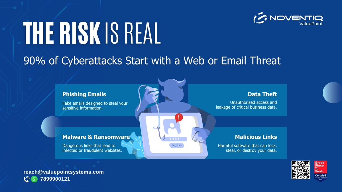valuepointsys's tweet image. Cyber threats are everywhere — phishing, malware & ransomware are just a click away.Protect your business with advanced Web & Email Security from @valuepointsys .
Stay secure. Stay connected.
#CyberSecurity #EmailProtection #WebSecurity #NoventiqValuePoint #SecureBusiness