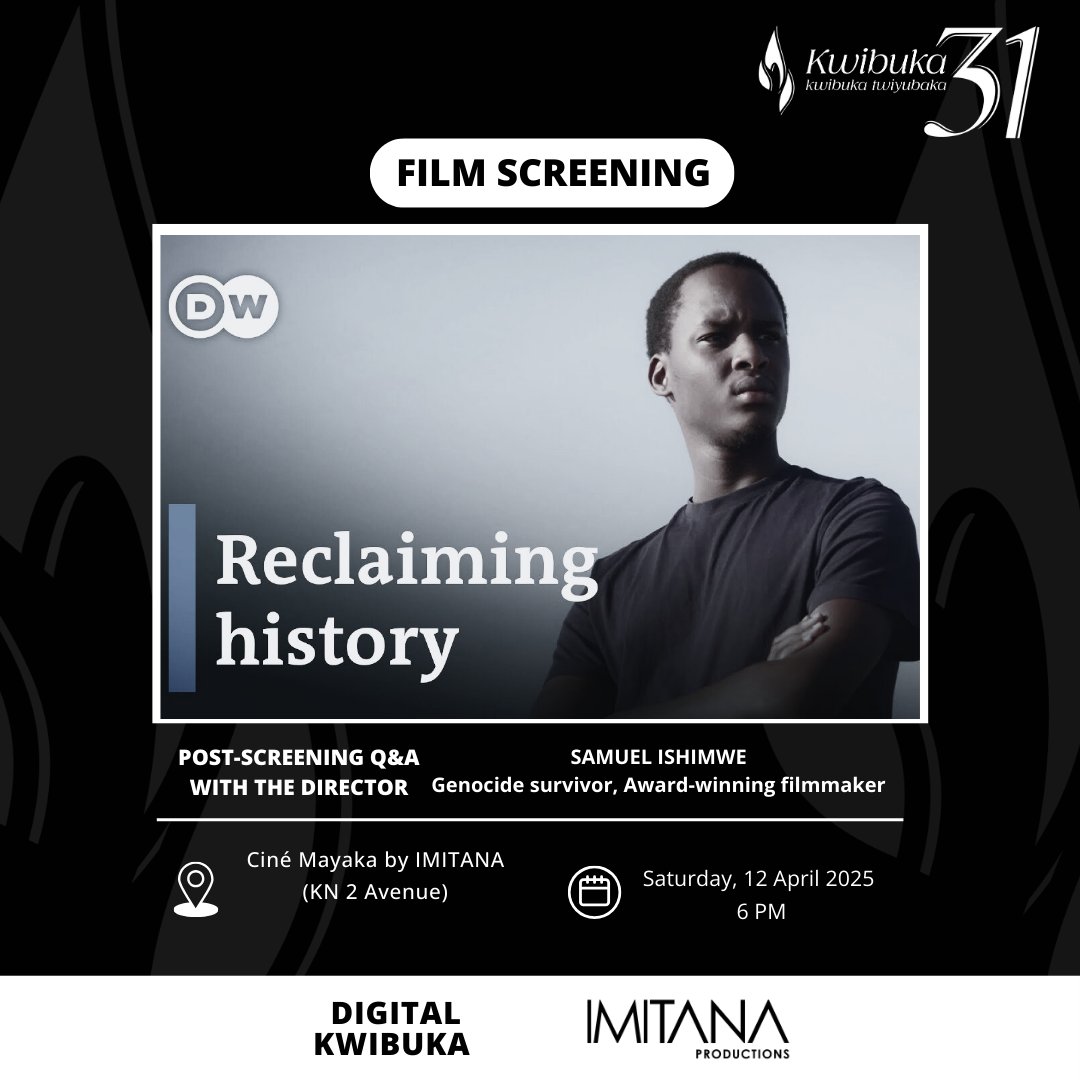 Join us this Saturday April 12, 6PM at Cine Mayaka by <a href="/Imitanaprod/">Imitana Productions</a>, for a screening of the film "Reclaiming History" by Samuel Ishimwe &amp; Matthias Frickel.
The film explores the colonial roots of the Genocide against the Tutsi in 1994.

The screening will be followed by a Q&amp;A with