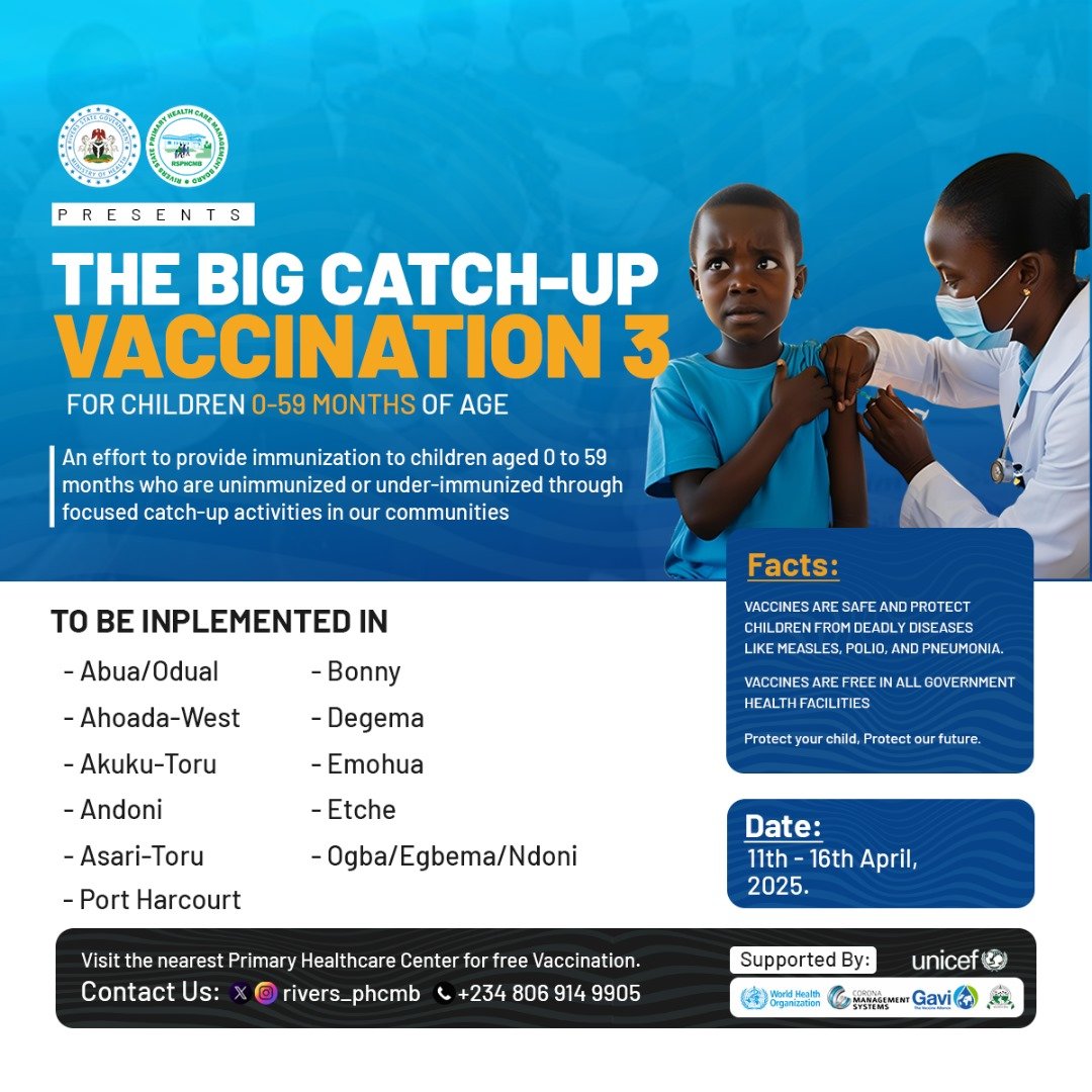 rivers_phcmb's tweet photo. THE BIG CATCH-UP 3!

Who's ready? We are.

Take advantage

#Health4AllRivers 
#Immunization https://t.co/HAN1z6Hi7h