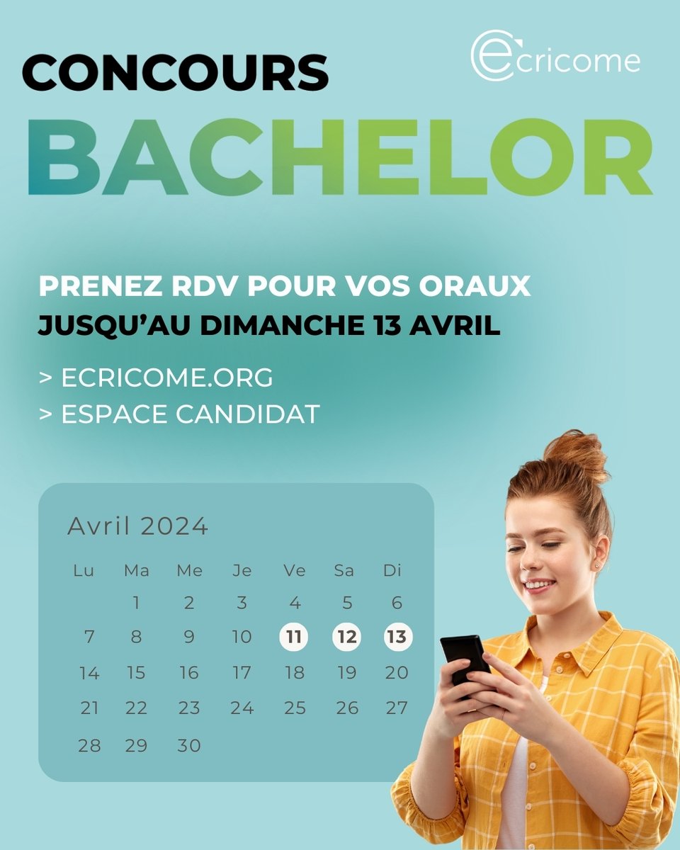 🎙️ Candidats au concours ECRICOME BACHELOR : prenez RDV pour vos épreuves orales à partir d'aujourd'hui, dans votre ESPACE CANDIDAT !
📅 Les oraux auront lieu du 15 avril au 7 mai 2025
Pour plus d'information : ecricome.org/prenez-rdv-ora… 

<a href="/EMStrasbourg/">EM Strasbourg (FR)</a> ✦ <a href="/KedgeBS/">KEDGE Business School</a> ✦ <a href="/RennesSB/">Rennes SB</a>