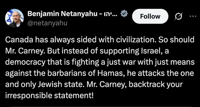 This attack on <a href="/MarkJCarney/">Mark Carney</a> by Israeli Prime Minister and wanted war criminal <a href="/netanyahu/">Benjamin Netanyahu - בנימין נתניהו</a>, has the stink of @StephenHarper and the <a href="/idualliance/">International Democracy Union</a> (International Democracy Union),  all over it. 1/6