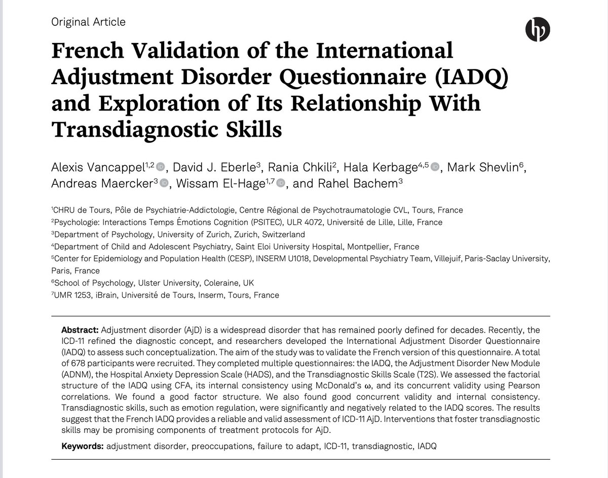✨ New in PTAD!
🧠 Vancappel et al. validated the French IADQ, linking adjustment disorder to transdiagnostic skills like emotion regulation.
🔗 doi.org/10.1027/2698-1…
<a href="/EAPA_Science/">European Association of Psychological Assessment</a>