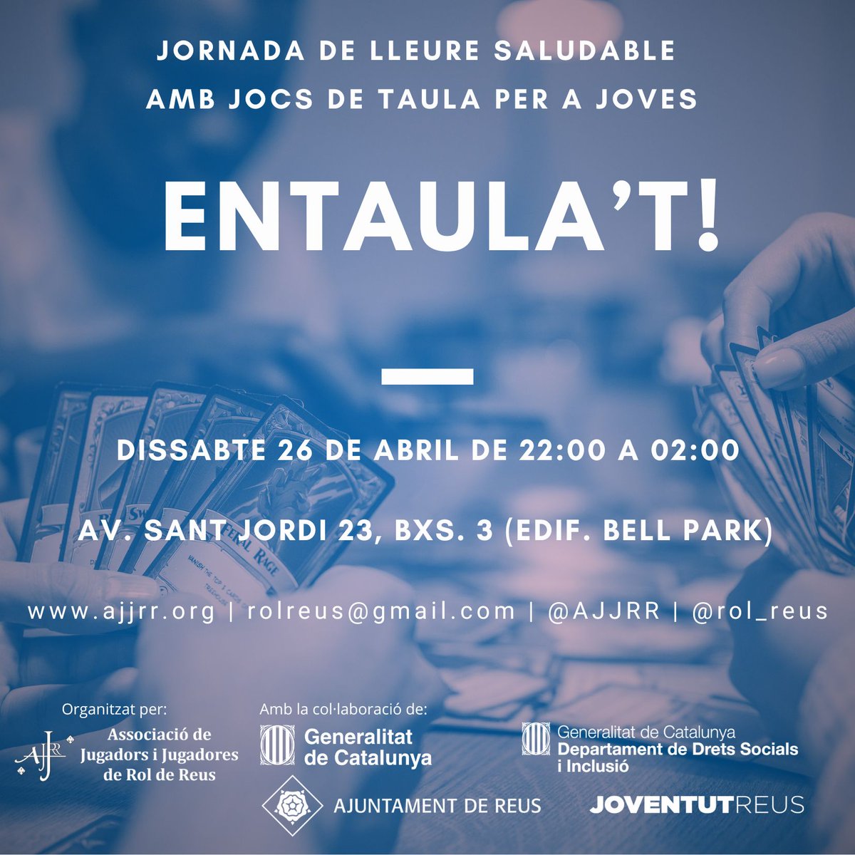 AJJRR's tweet photo. El dissabte 26 d'abril de 22:00 a 02:00 organitzarem al nostre local una  nova sessió de A LA NIT ENTAULA'T!, una jornada de lleure saludable amb jocs de taula per a joves, us hi esperem! https://t.co/8DgPrUVvSx