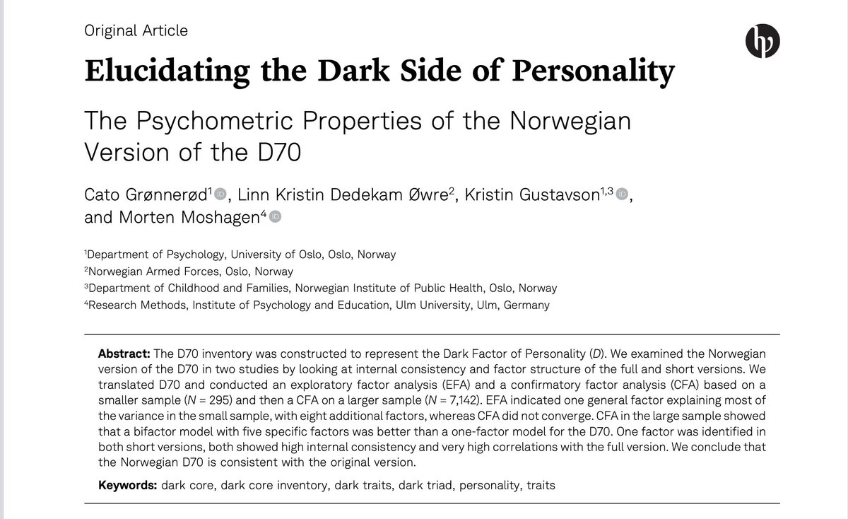✨ New in PTAD!
🕵️‍♂️ Grønnerød et al. validated the Norwegian D70, showing that a main plus five-factor solution best captures the structure of the dark core of personality.
🔗 doi.org/10.1027/2698-1…
<a href="/EAPA_Science/">European Association of Psychological Assessment</a>