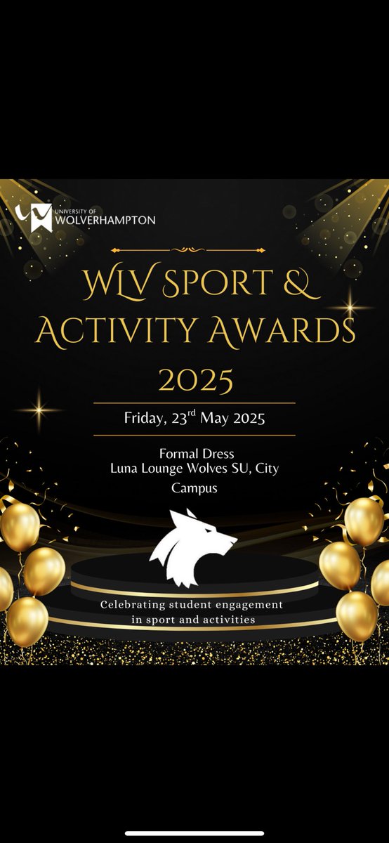 WLV Sports Awards 2025🏆🐺

Let’s celebrate student sporting success together 🎉

SAVE THE DATE

📆Friday 23rd May
📍Luna Lounge, Wolves SU
⏰Doors open 6pm
💷£10 or £15 with travel

The link to buy tickets will be out soon!!
#wlvuni #unisport #studentsuccess #wlvsportawards