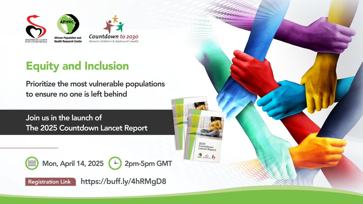 aphrc's tweet image. The 2025 Countdown Lancet Report highlights the need to prioritize vulnerable populations to ensure no one is left behind. Join us in its launch on April 14, 2025 by registering here: buff.ly/n5033ZE.

#The2025CountdownLancetReport #Data4DecisionMaking 
#IntlMHDay…