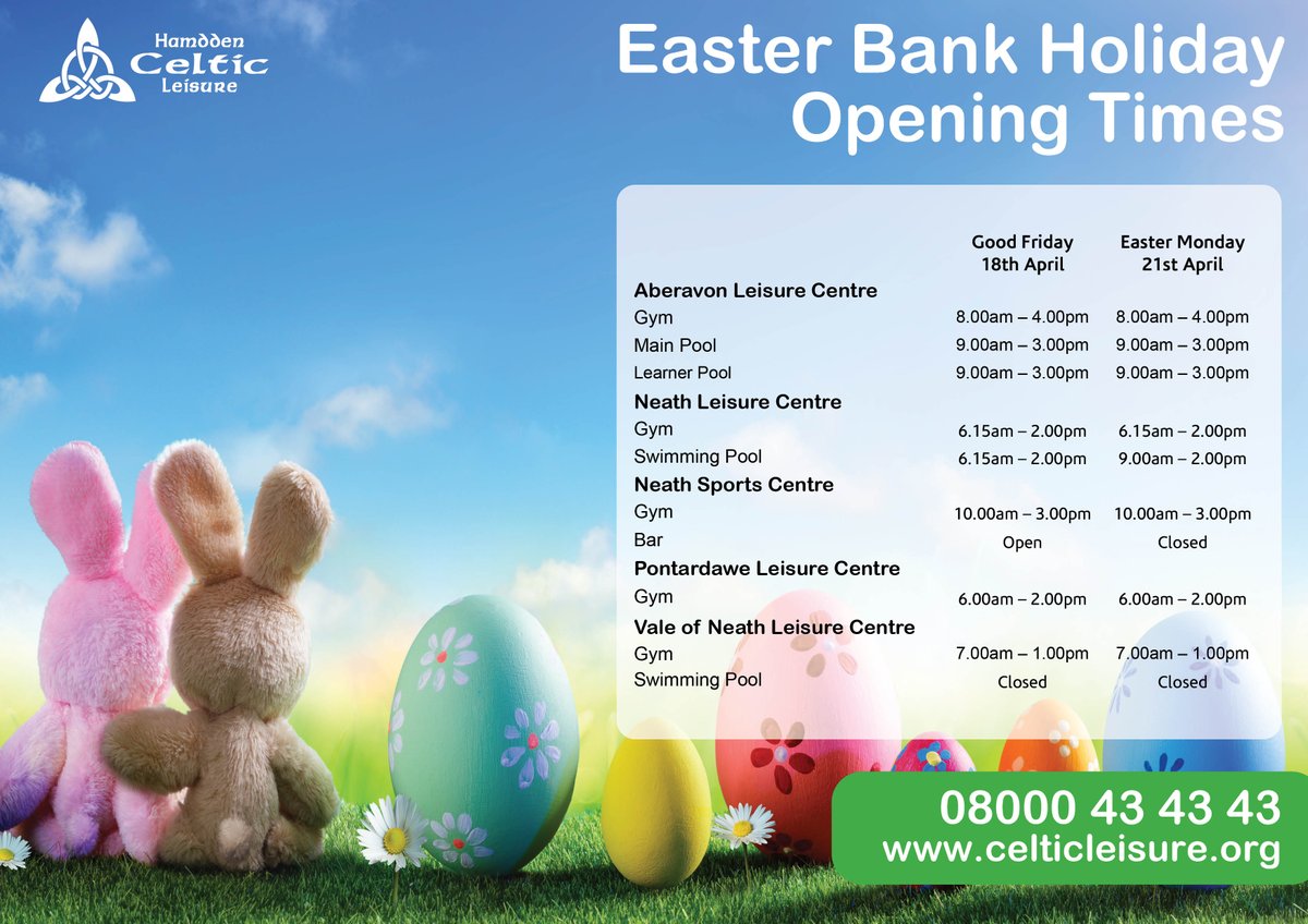 CelticLeisure's tweet photo. Our opening times for Easter Bank Holiday weekend 🐣

There are no classes running on Good Friday and Easter Monday

Our centres will be open as normal on Saturday &amp; Sunday

#fitness #exercise #bankholiday #easter https://t.co/GrjnruJVDI