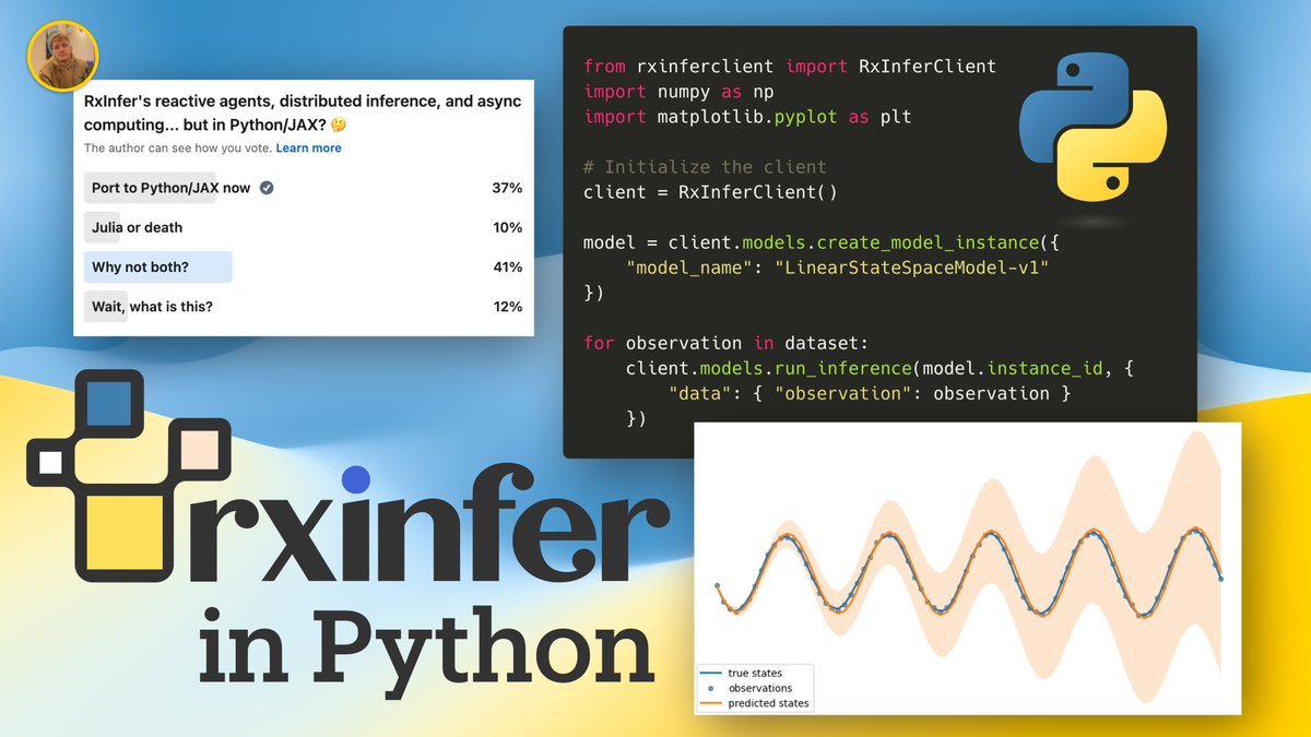 ReactiveBayes (@reactivebayes) on Twitter photo <a href="/LazyDynamics/">Lazy Dynamics</a> just dropped a Python SDK for RxInferServer — call RxInfer models from Python, fast.
Modeling in Python? Not yet. But this is a big first step.
Check the example lazydynamics.github.io/RxInferClient.…
Based on RxInferServer server.rxinfer.com/dev/ <a href="/LazyDynamics/">Lazy Dynamics</a> just dropped a Python SDK for RxInferServer — call RxInfer models from Python, fast.
Modeling in Python? Not yet. But this is a big first step.
Check the example lazydynamics.github.io/RxInferClient.…
Based on RxInferServer server.rxinfer.com/dev/