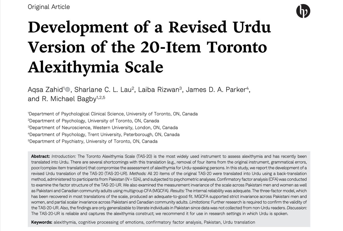 📢 We’re catching up on past PTAD research!
😶 Zahid et al. revised the Urdu TAS-20 to better assess alexithymia, supporting its reliability, three-factor structure, and cross-cultural validity.
🔗 doi.org/10.1027/2698-1…
<a href="/EAPA_Science/">European Association of Psychological Assessment</a>