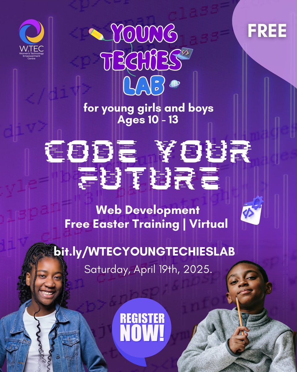 wteconline's tweet image. Free Training for your Young Ones this Easter!
W.TEC’s Young Techies Lab is offering a FREE 1-day virtual web development training for preteen & teen aged 10–13!
Register: bit.ly/WTECYOUNGTECHI…
#YoungTechiesLab #KidsWhoCode #FreeCodingClass #wtecng #techtraining