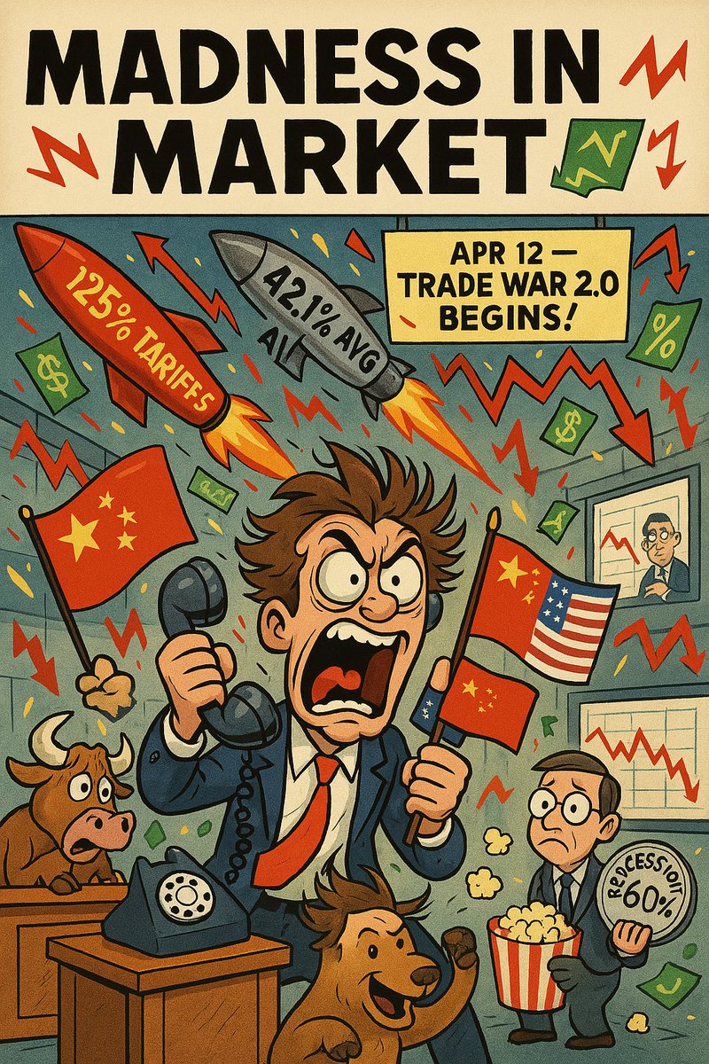 ScalpingWolfR's tweet photo. 🇨🇳🇺🇸 Trade War Heats Up! China slaps 125% tariffs on U.S. goods starting Apr 12, up from 84%, retaliating against U.S. hikes.
Markets tremble—J.P. Morgan pegs global recession odds at 60%. Buckle up for a wild ride! 📉 #TradeWar #ChinaUS https://t.co/5tJnlh2T8D